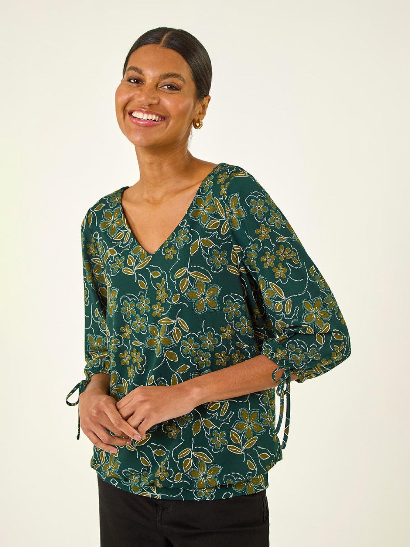 Roman Floral V-neck Stretch Top - Olive