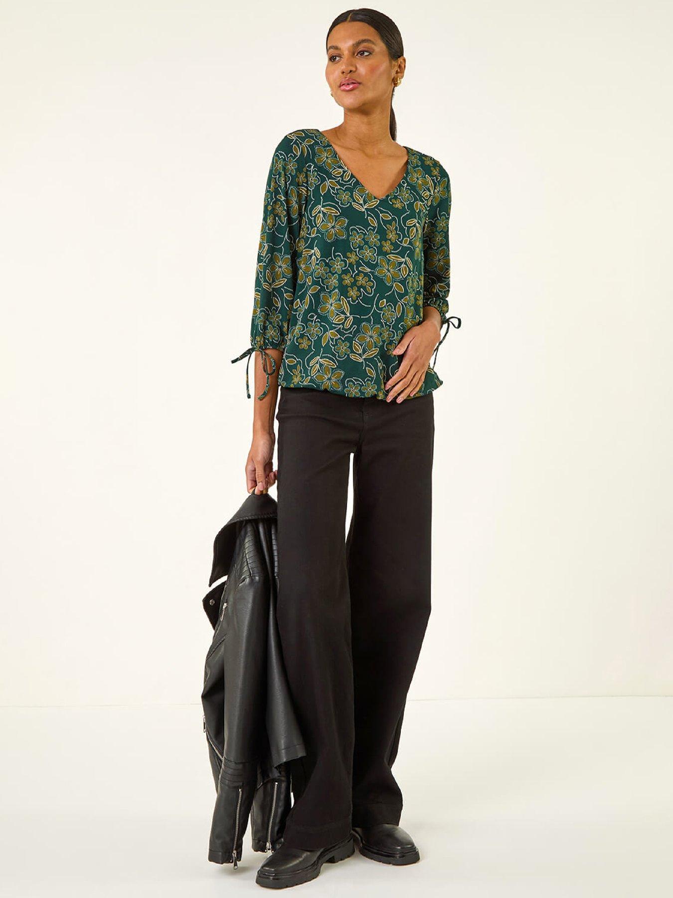  image of roman-floral-v-neck-stretch-top-olive