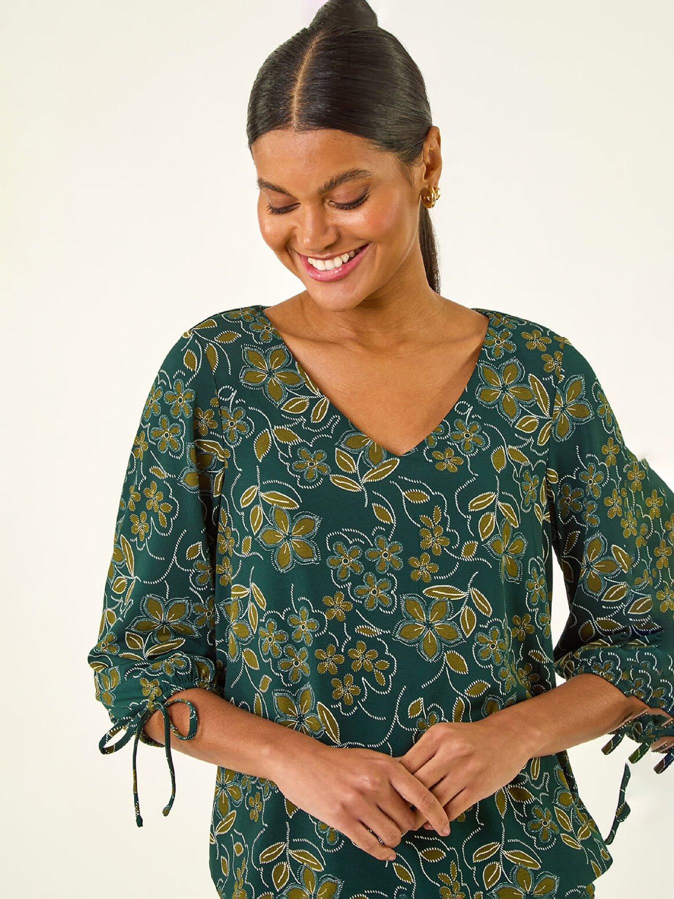  image of roman-floral-v-neck-stretch-top-olive