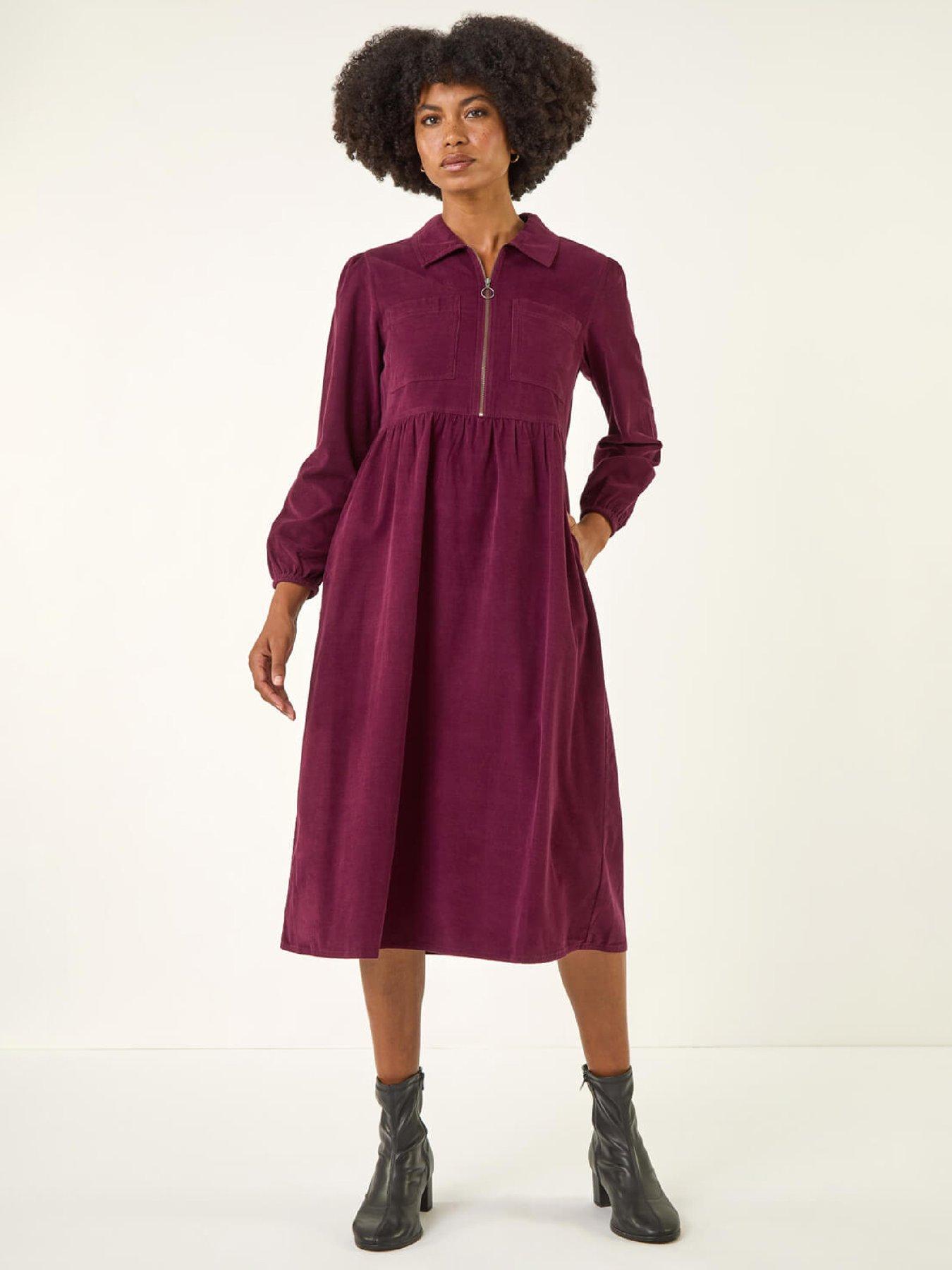 Image 1 of 5 of Roman Corduroy Zip Detail Midi Dress - Port