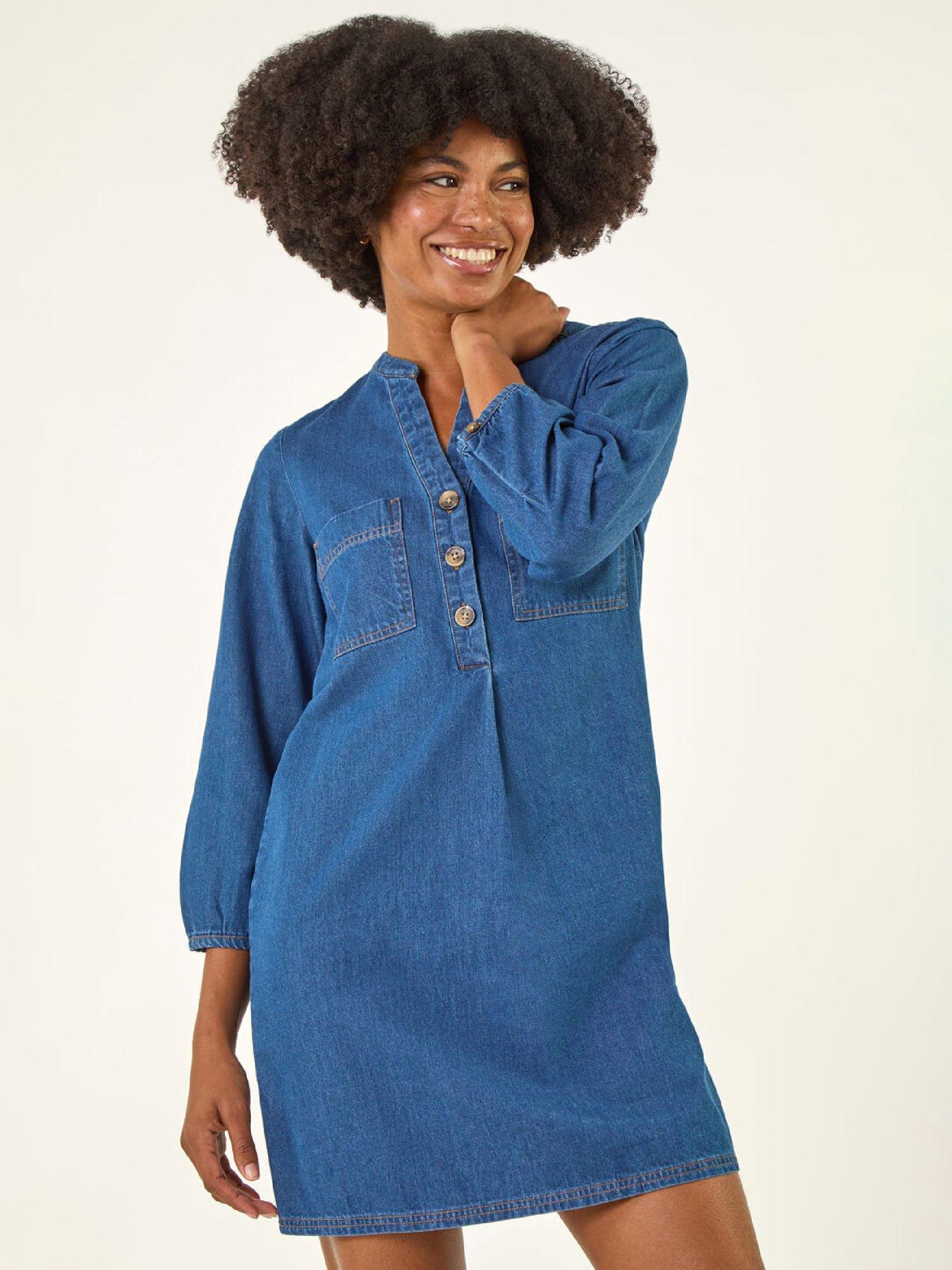 Roman Cotton Denim Button Shift Dress - Denim