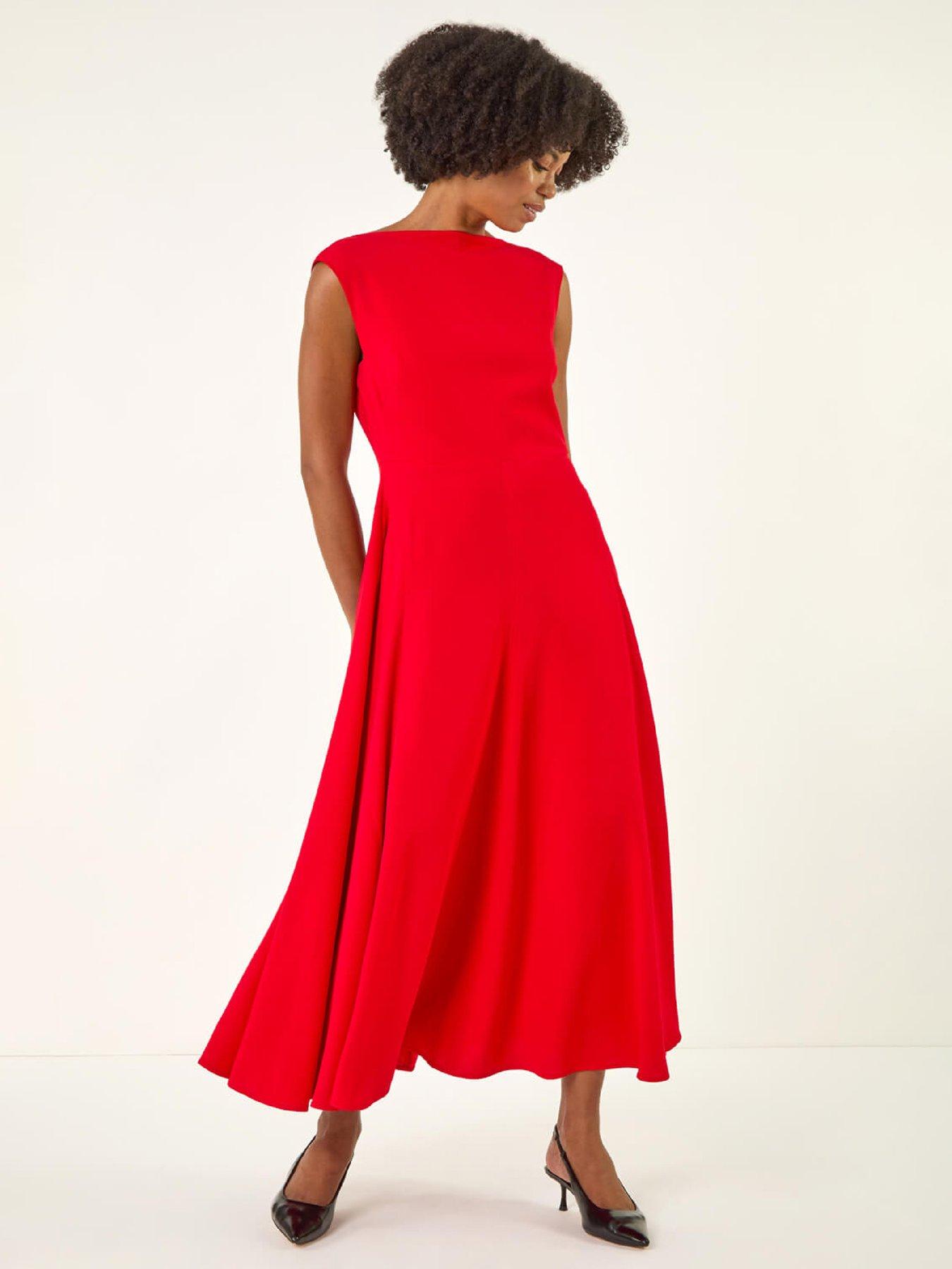 Image 1 of 5 of Roman High Neck Pleated Midi Dress - Red