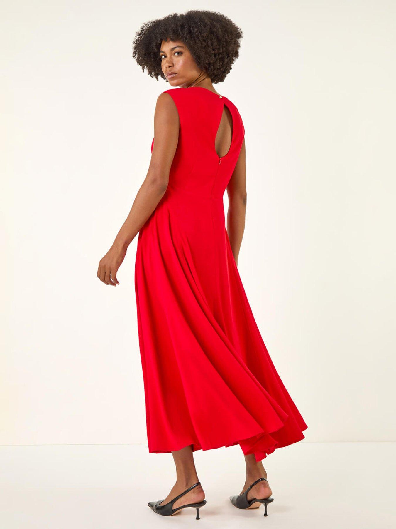 Image 2 of 5 of Roman High Neck Pleated Midi Dress - Red
