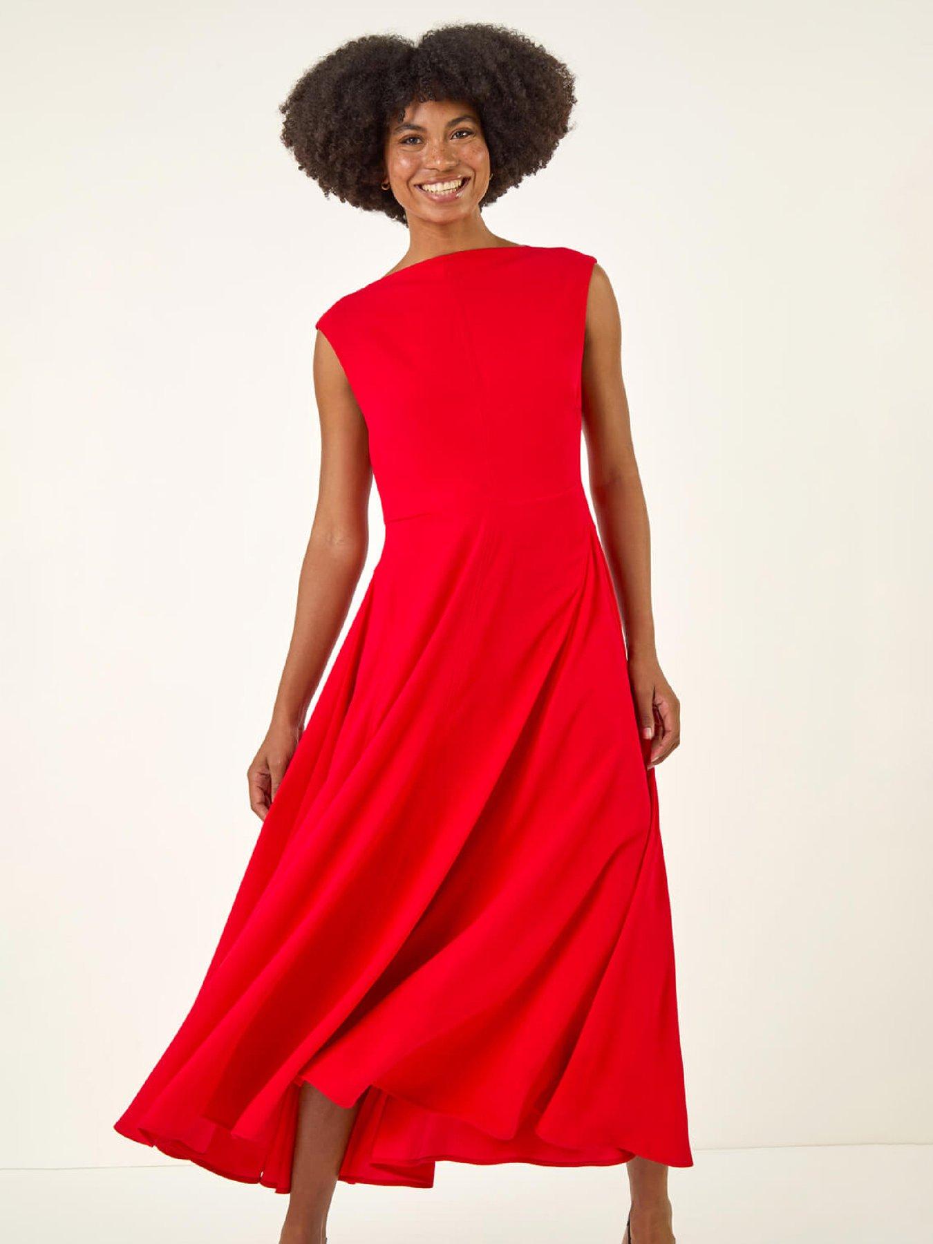 Image 4 of 5 of Roman High Neck Pleated Midi Dress - Red