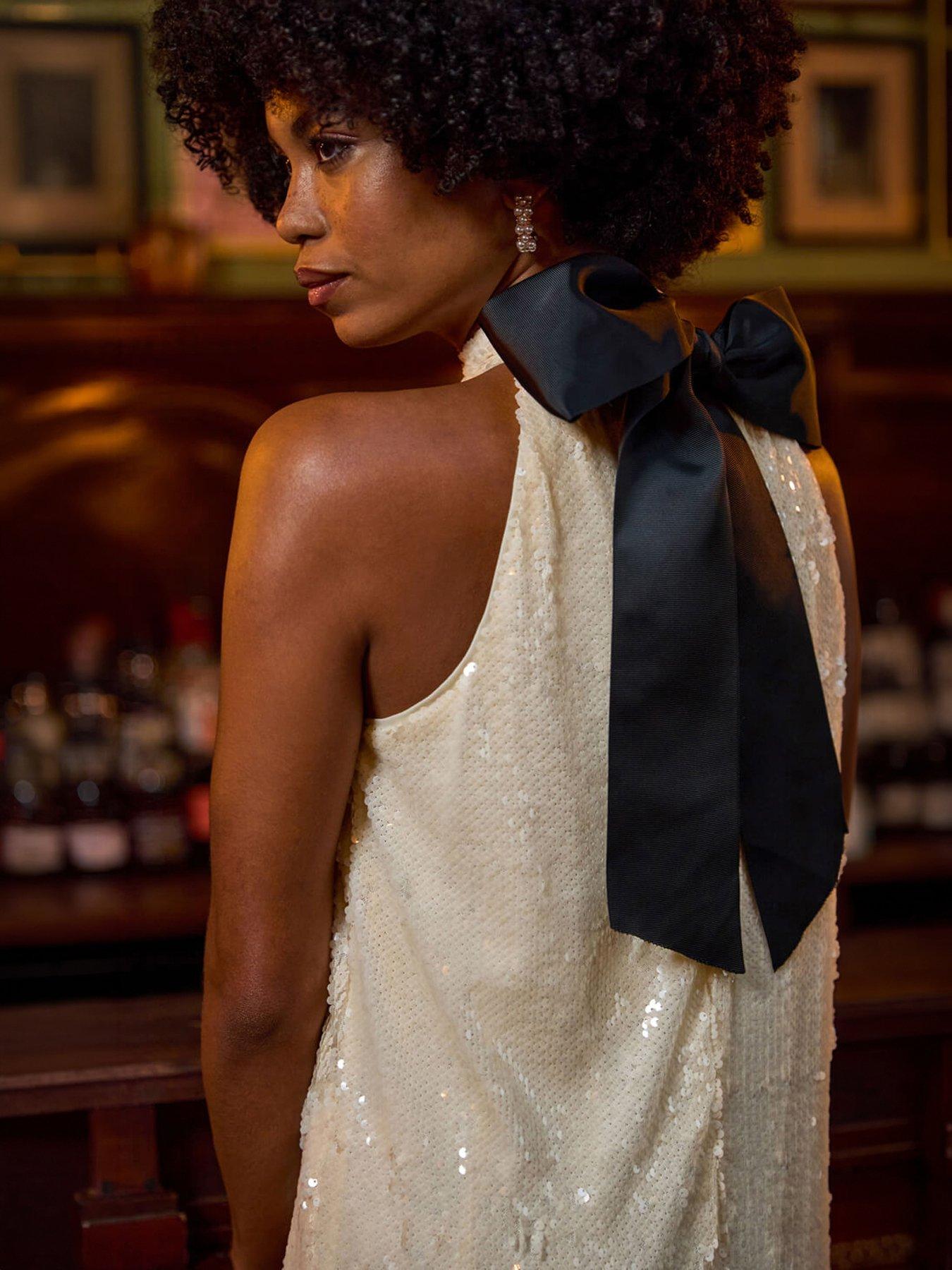 Image 1 of 4 of Roman Sequin Bow Back Dress - Cream