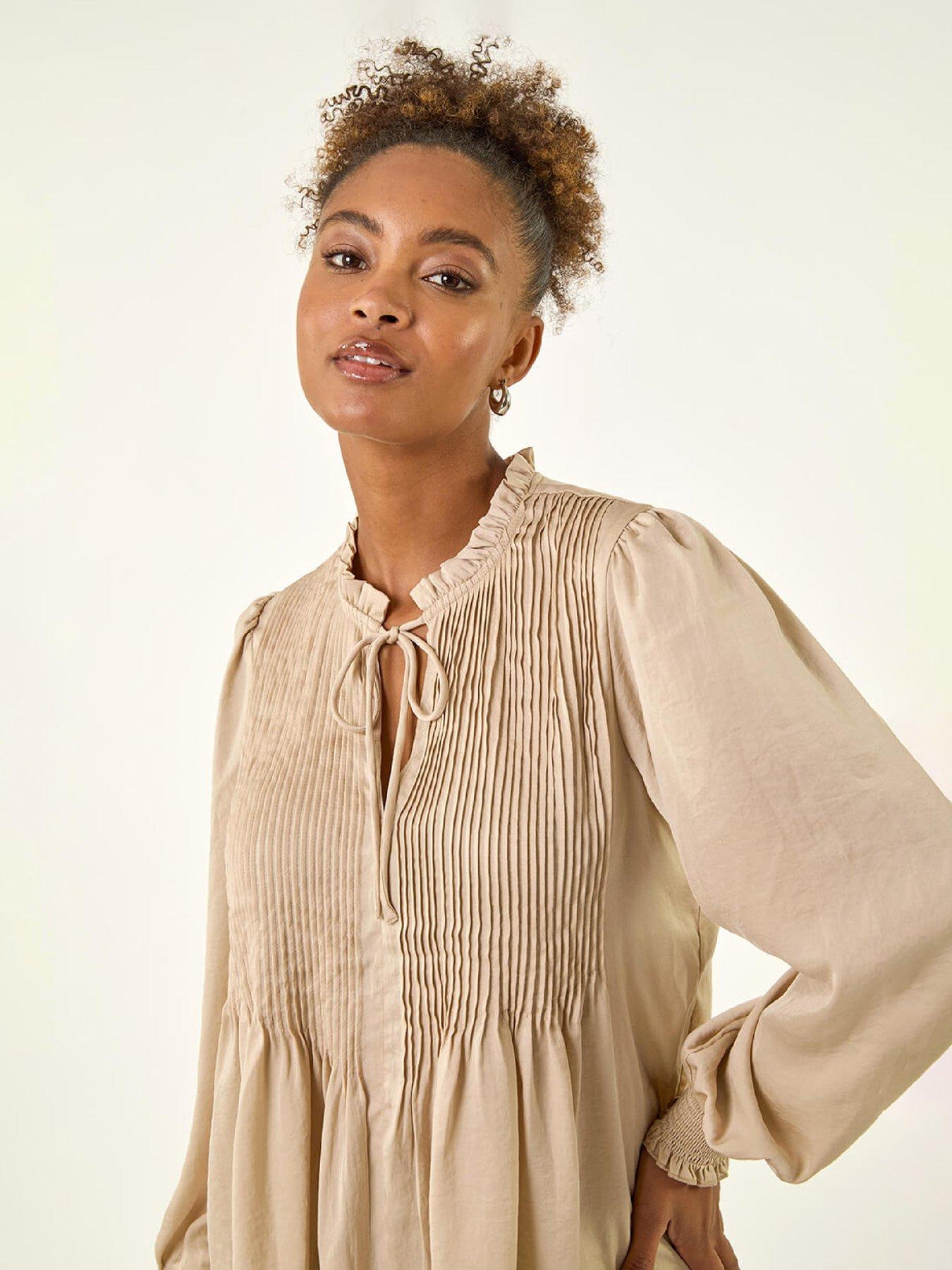  image of roman-satin-pleated-tie-neck-top-stone
