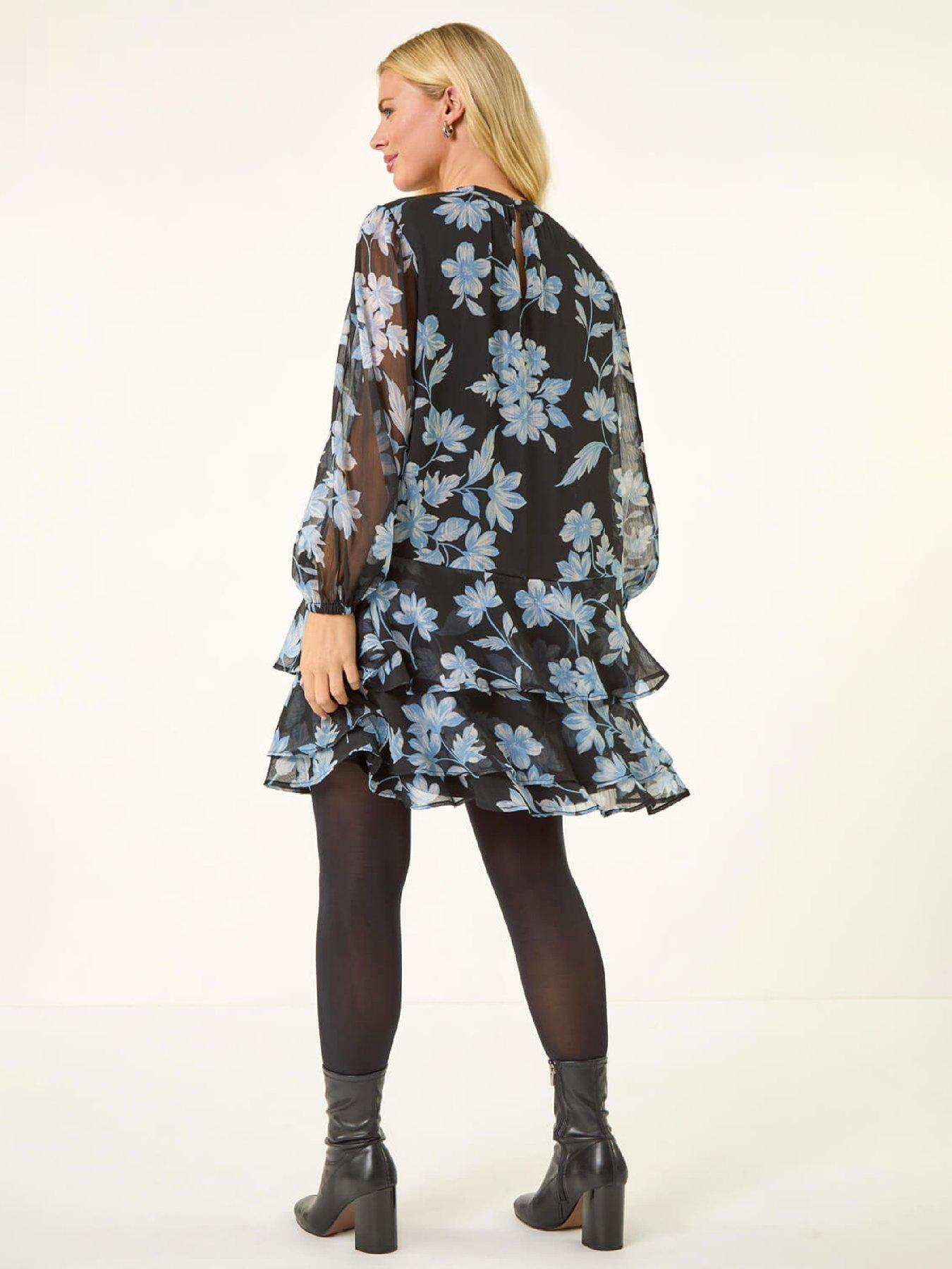  image of roman-petite-floral-print-frill-swing-dress-black