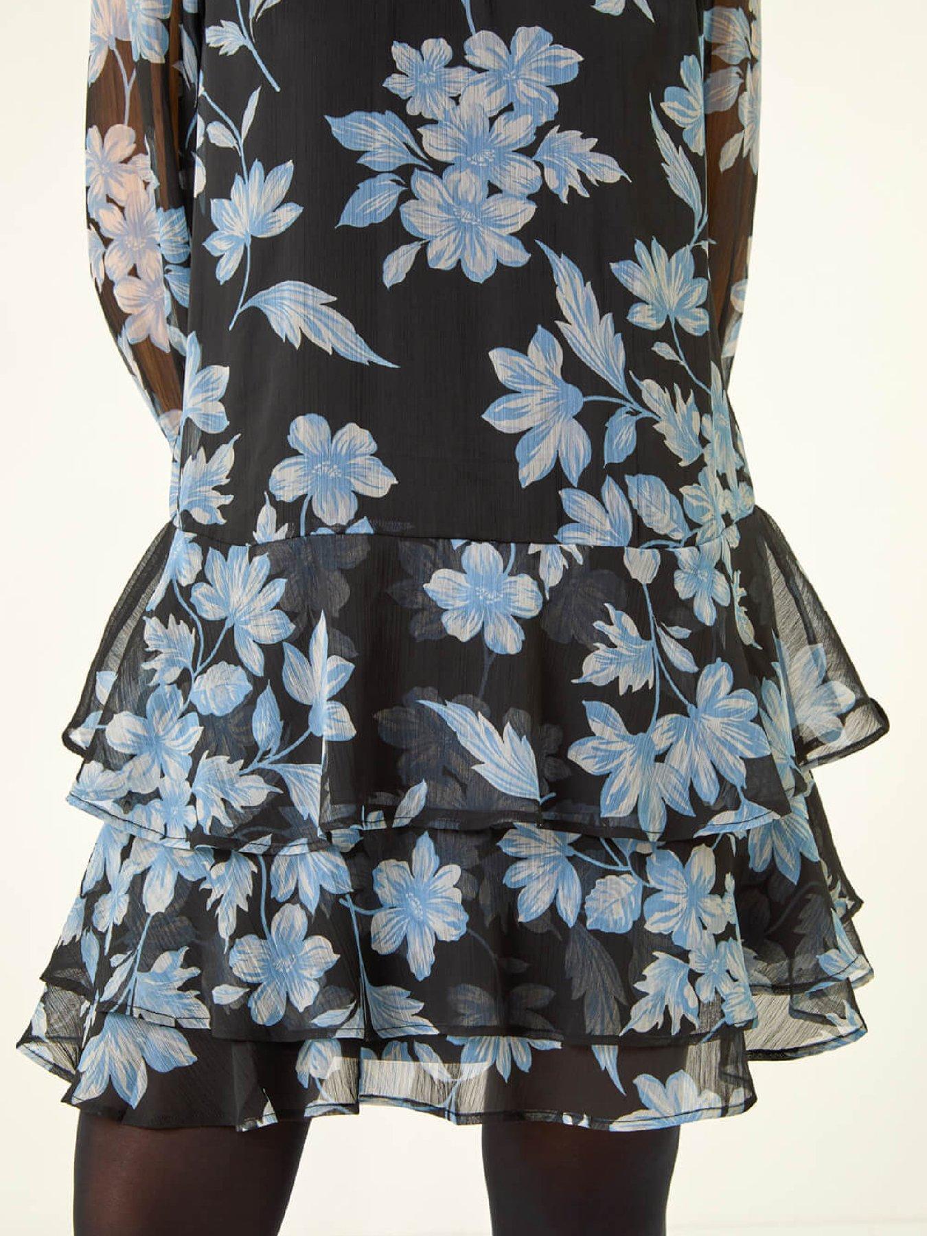  image of roman-petite-floral-print-frill-swing-dress-black