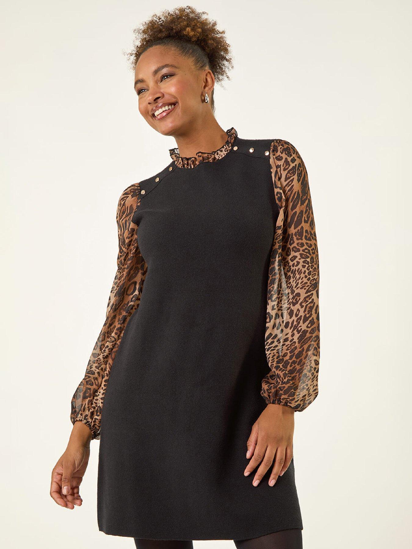  image of roman-animal-print-frill-knitted-dress-tan