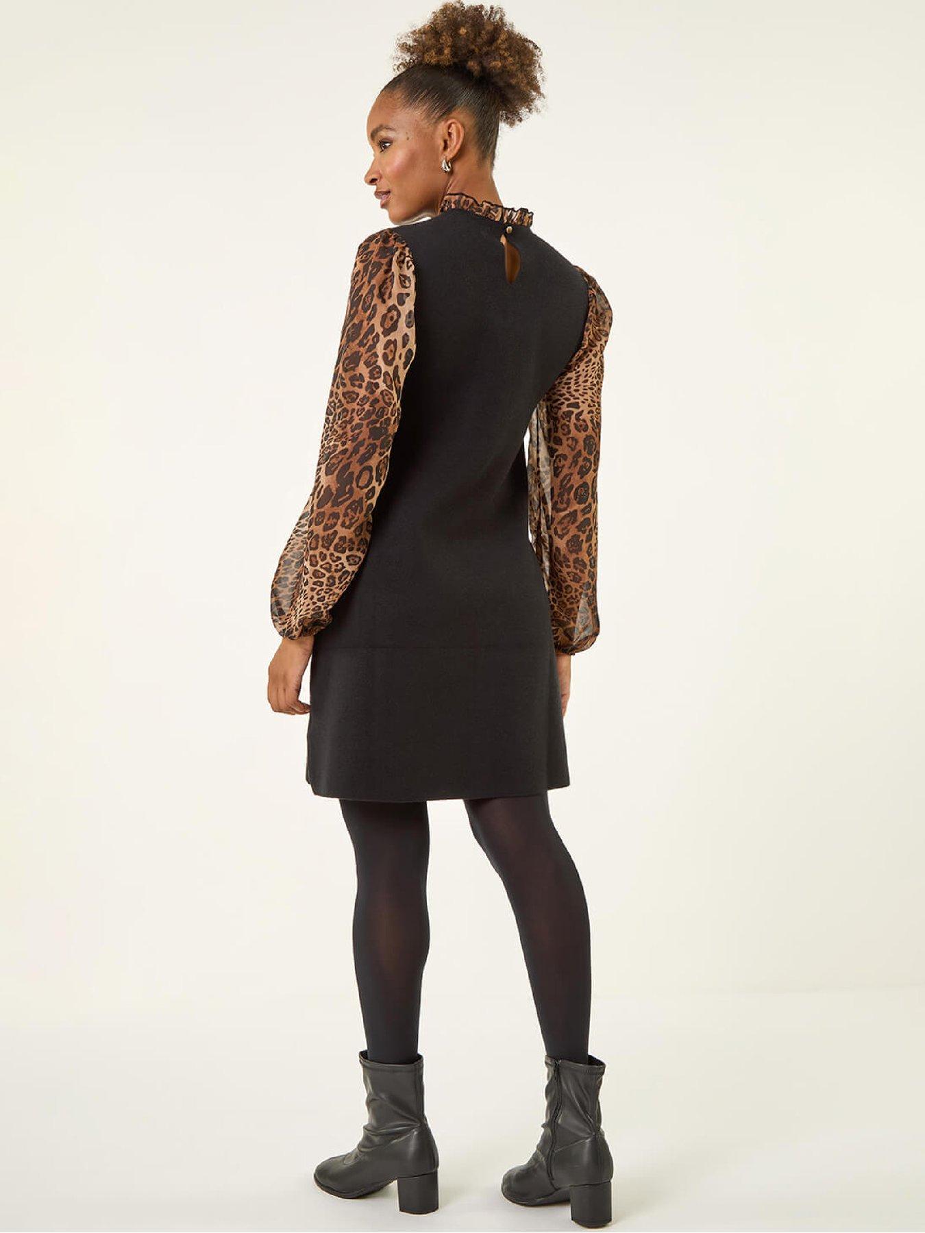  image of roman-animal-print-frill-knitted-dress-tan