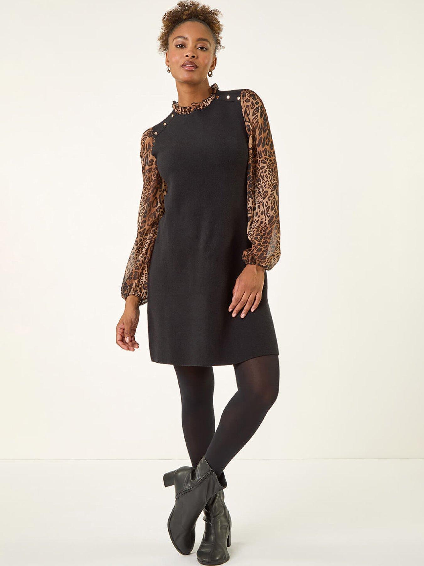  image of roman-animal-print-frill-knitted-dress-tan