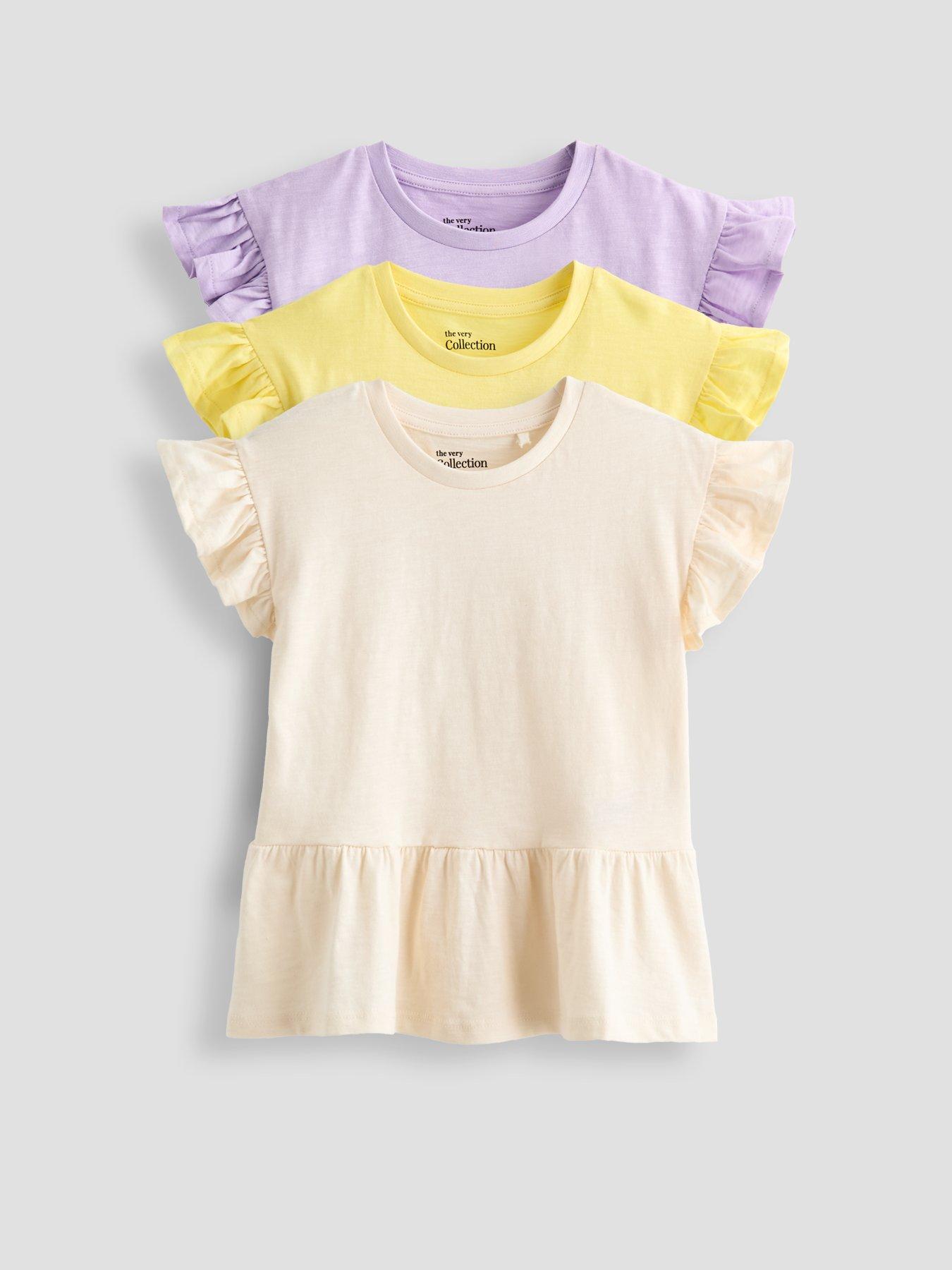 The Very Collection Girls 3 Pack Peplum Frill Sleeve Tops - Multi