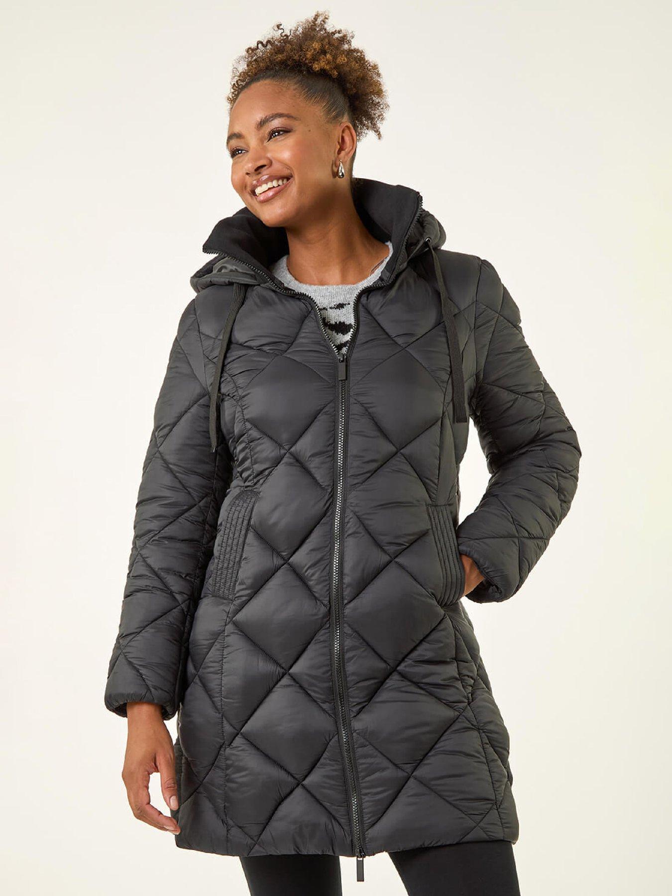 front image of roman-diamond-quilt-padded-coat-black