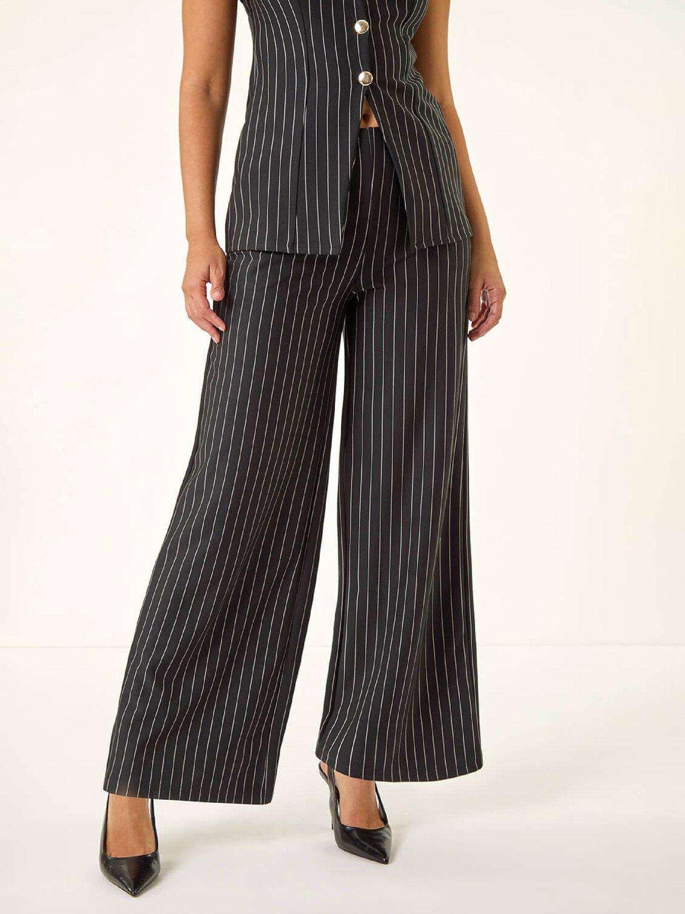 Roman Dusk Pinstripe Wide Leg Stretch Trousers - Black