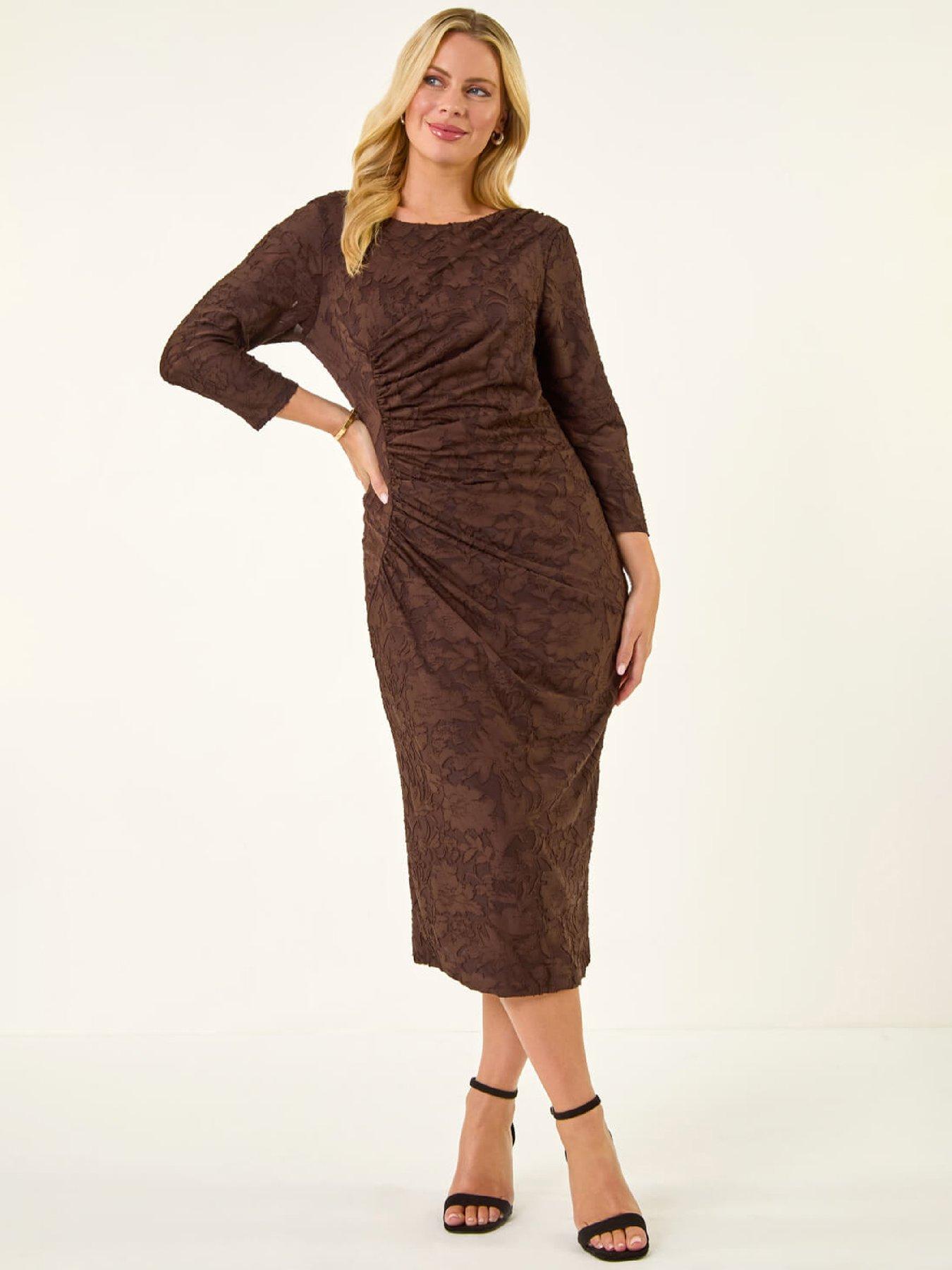  image of roman-petite-jacquard-ruched-stretch-dress-chocolate