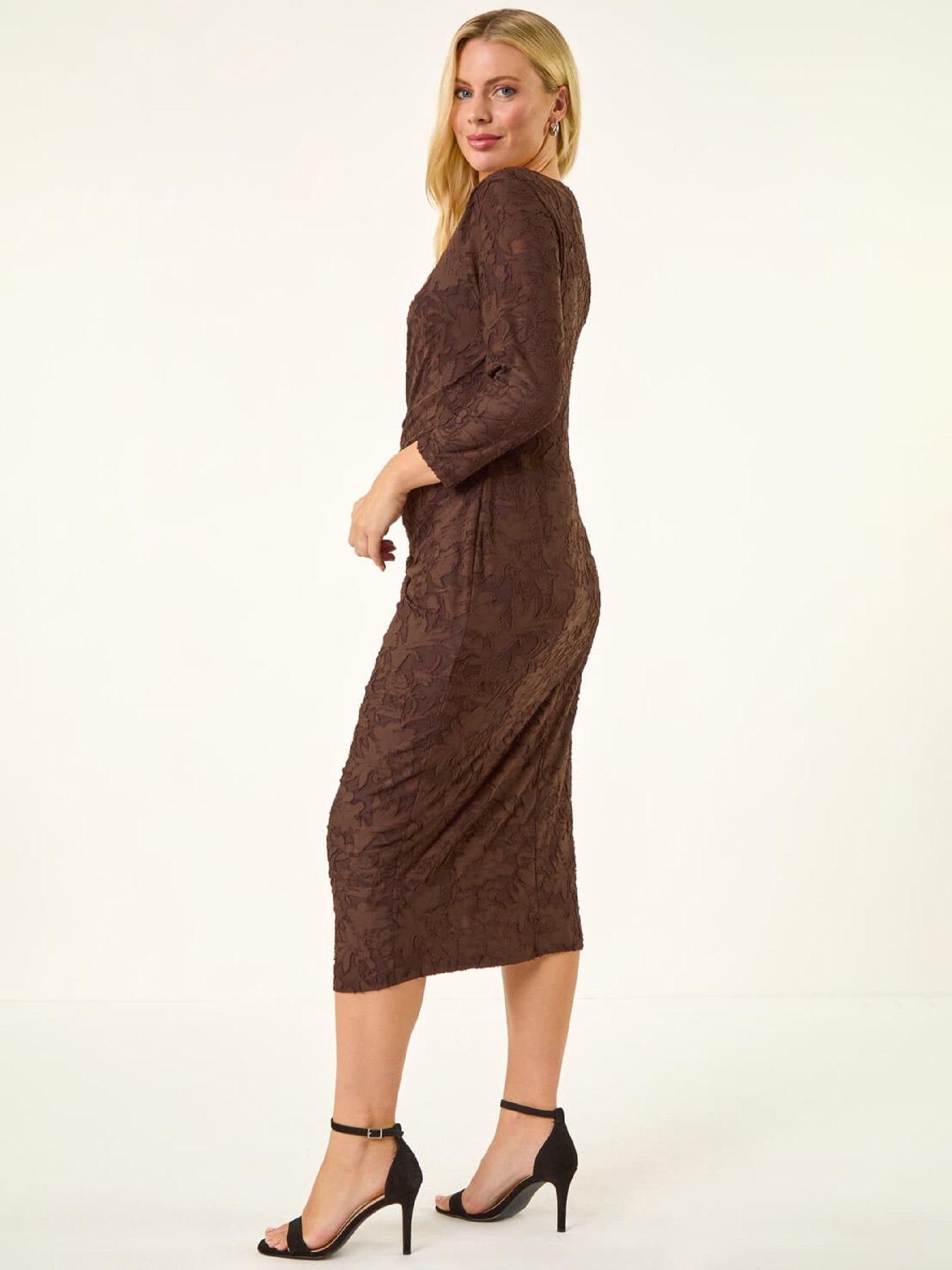  image of roman-petite-jacquard-ruched-stretch-dress-chocolate