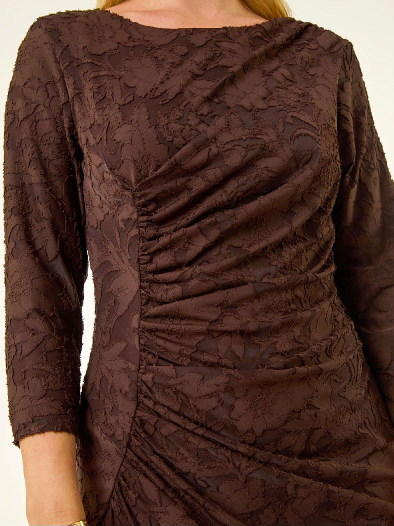  image of roman-petite-jacquard-ruched-stretch-dress-chocolate