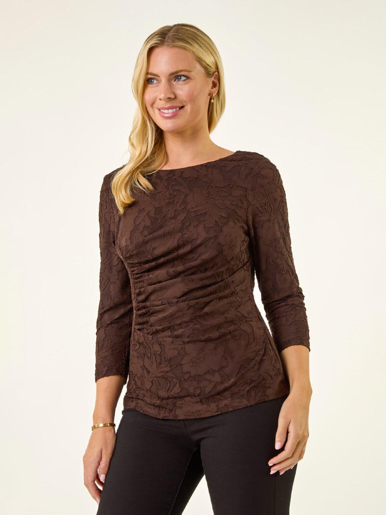  image of roman-petite-ruched-side-jacquard-top-chocolate