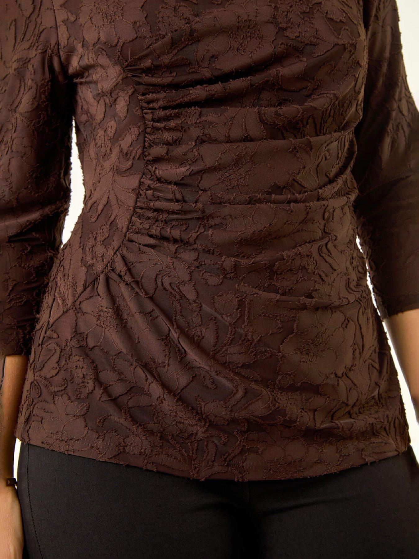  image of roman-petite-ruched-side-jacquard-top-chocolate