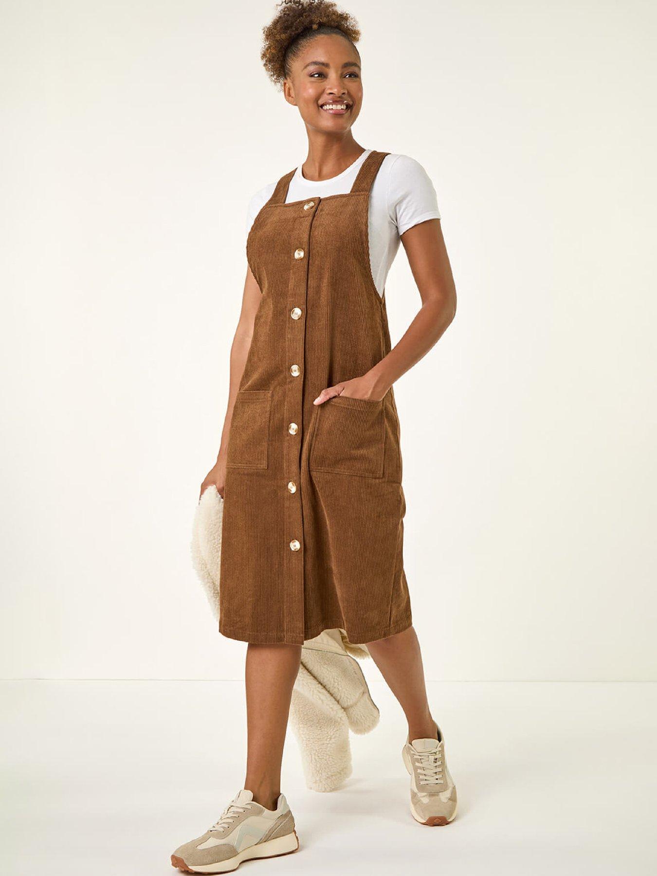 Roman Corduroy Pinafore Midi Dress - Chocolate
