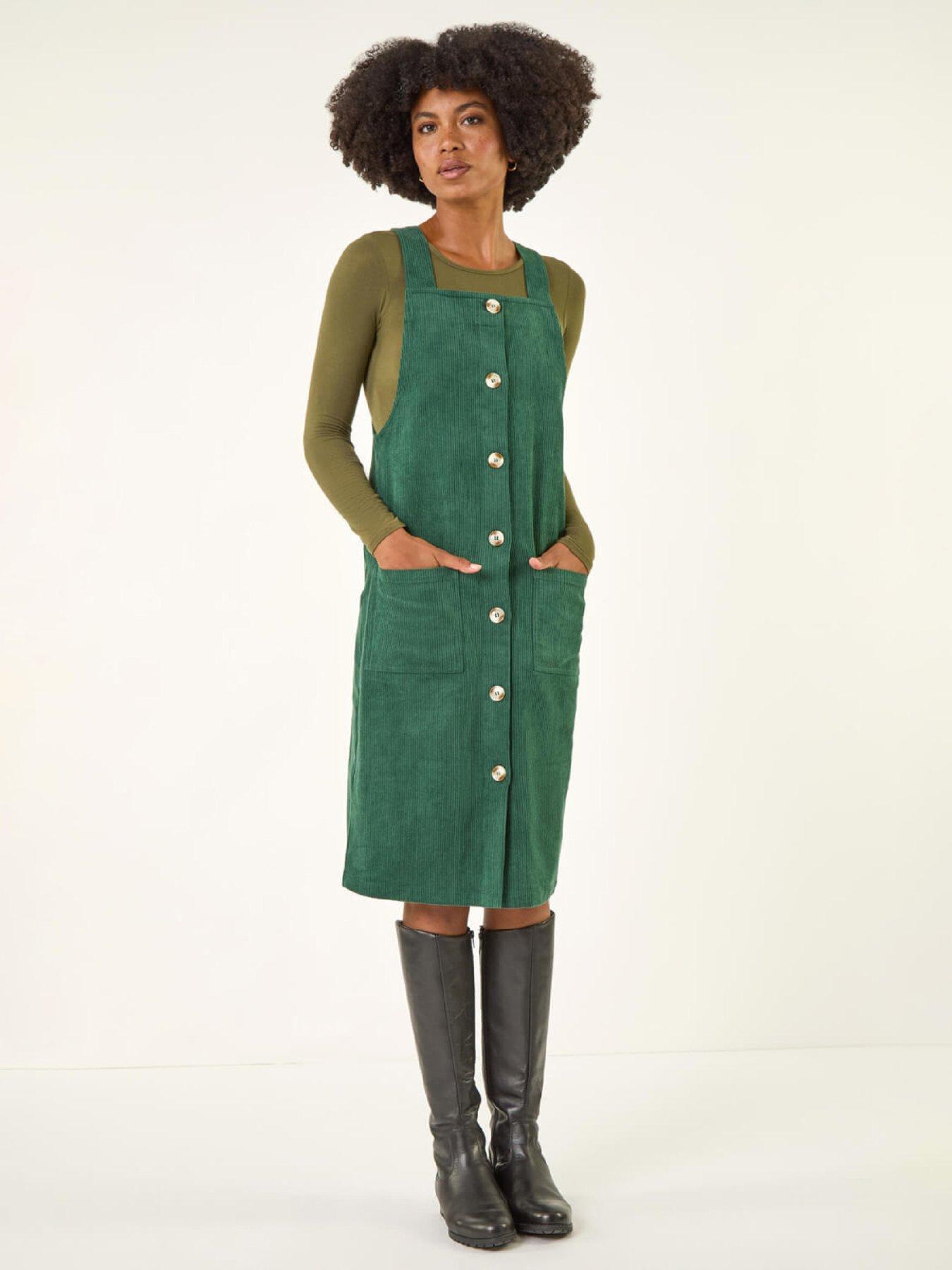 Roman Corduroy Pinafore Midi Dress - Green