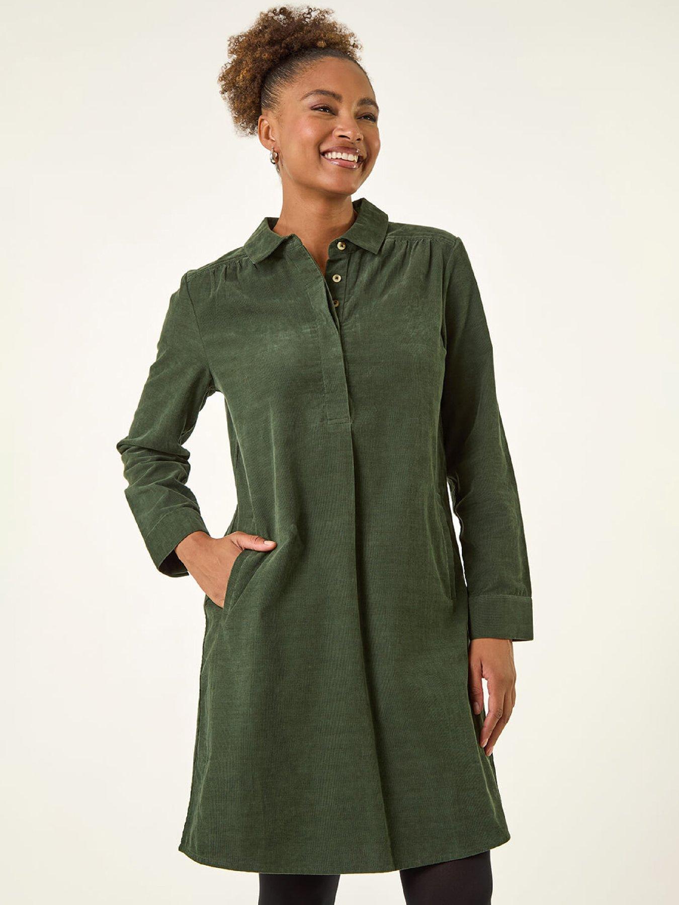 Roman Corduroy Tunic Shirt Dress - Green