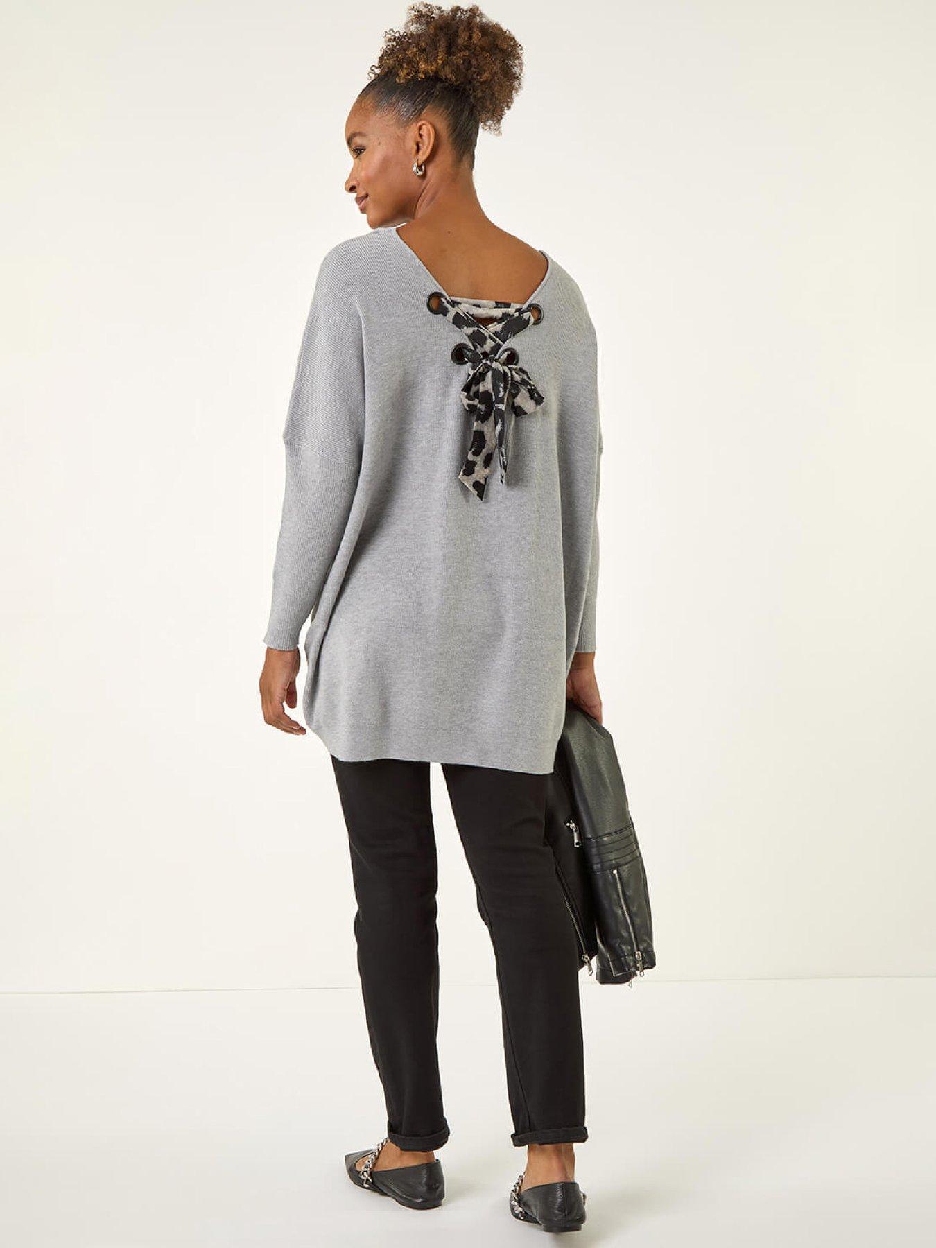  image of roman-animal-print-eyelet-back-knit-jumper-light-grey