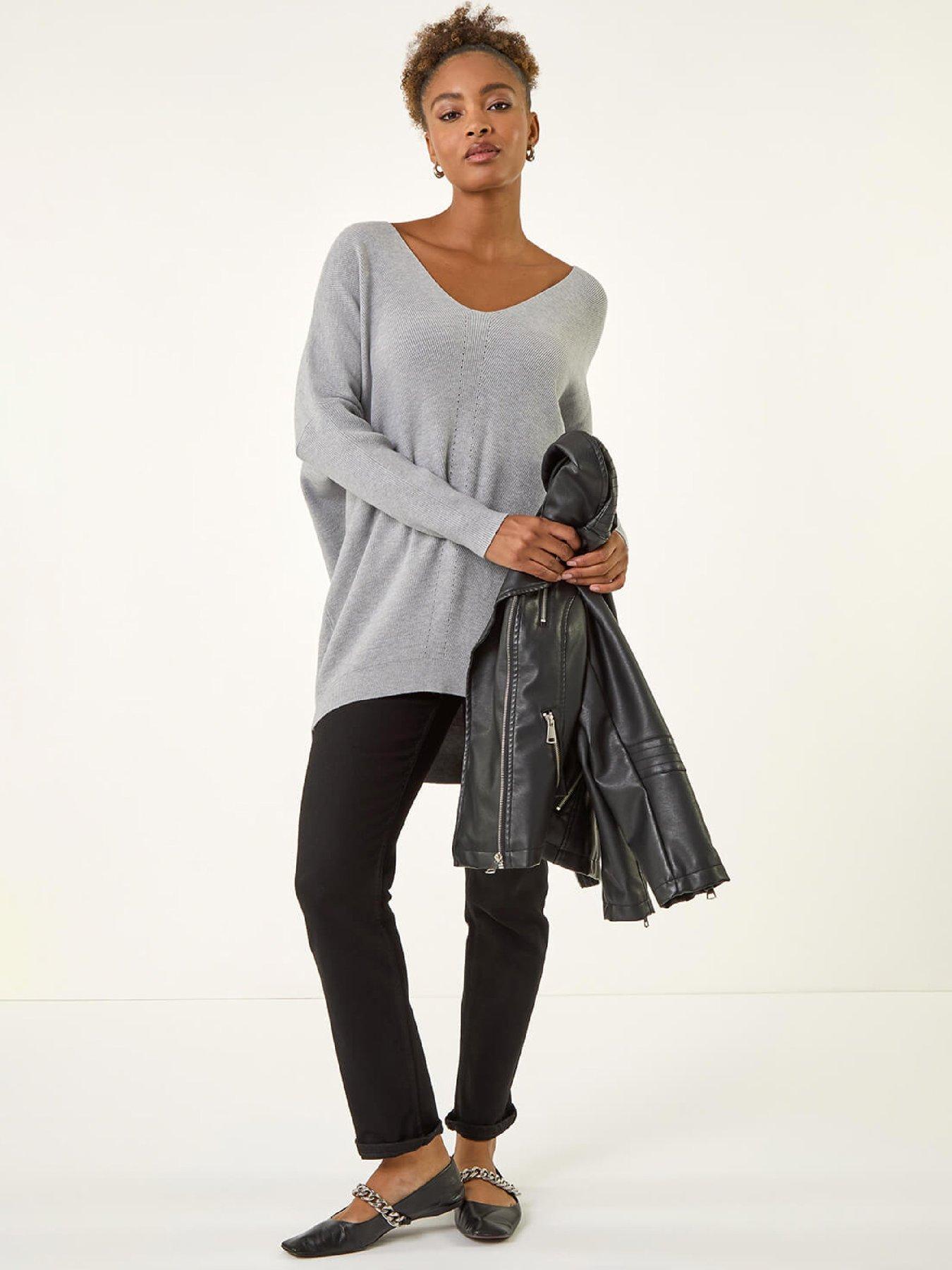  image of roman-animal-print-eyelet-back-knit-jumper-light-grey