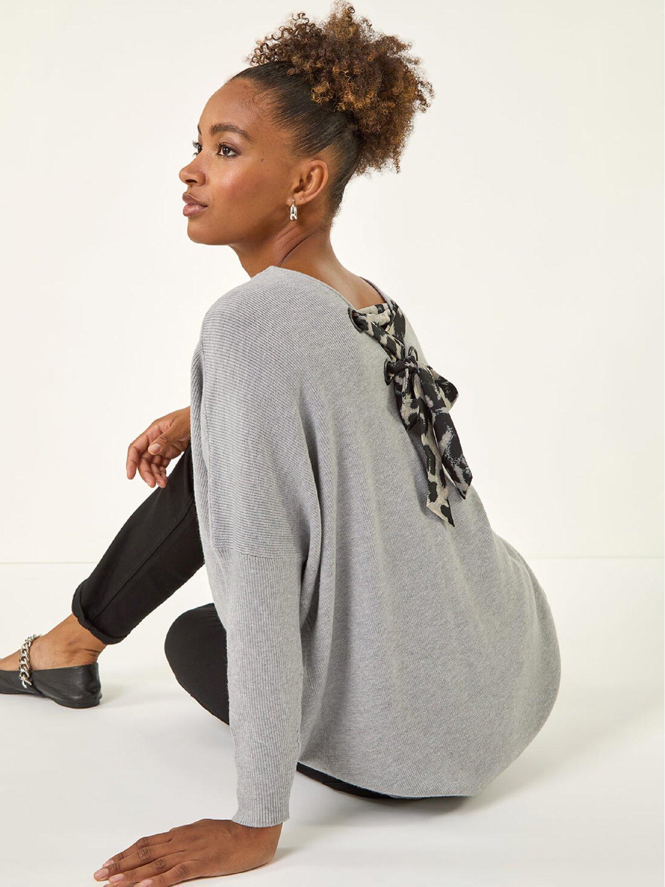  image of roman-animal-print-eyelet-back-knit-jumper-light-grey