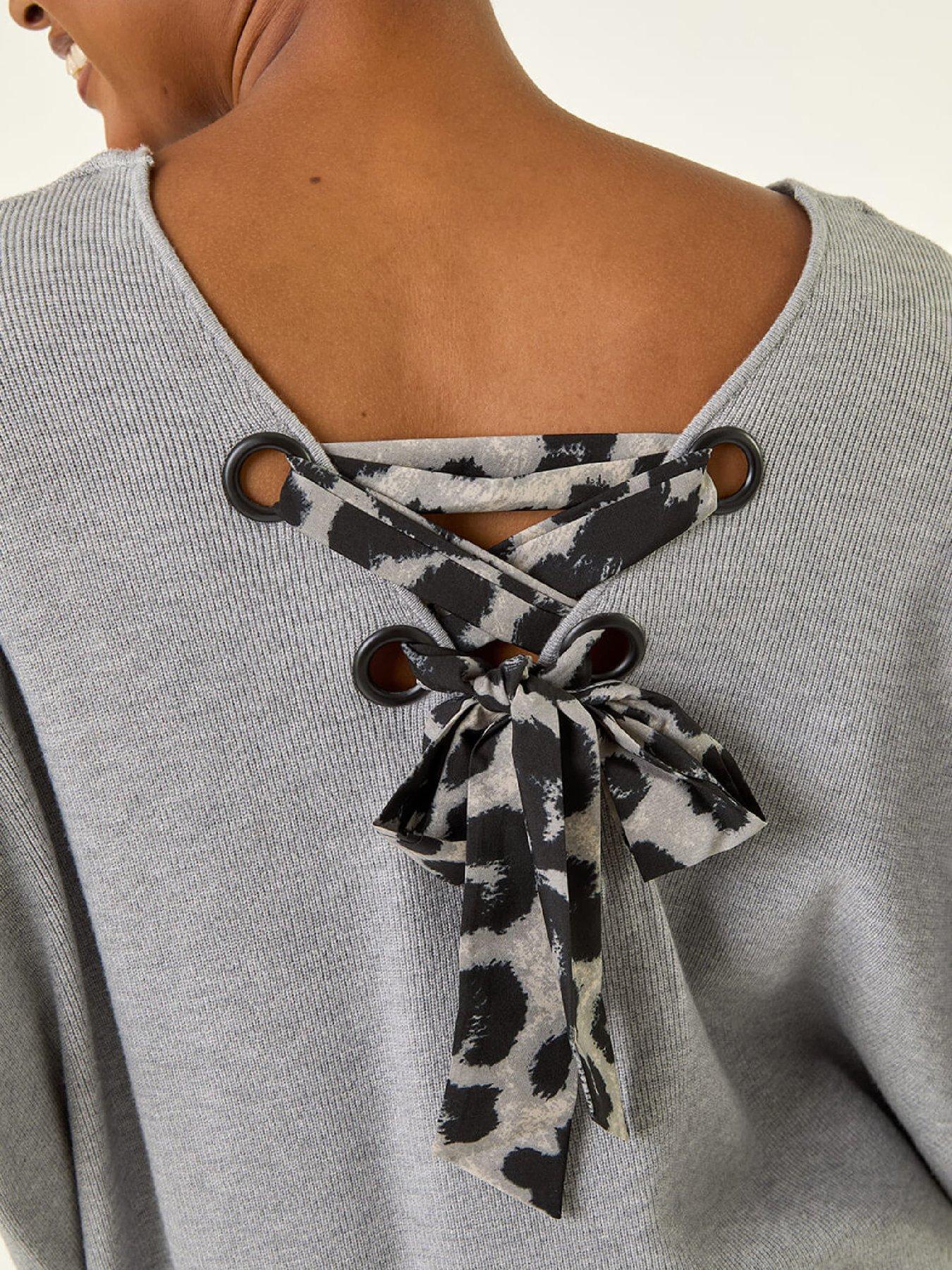  image of roman-animal-print-eyelet-back-knit-jumper-light-grey
