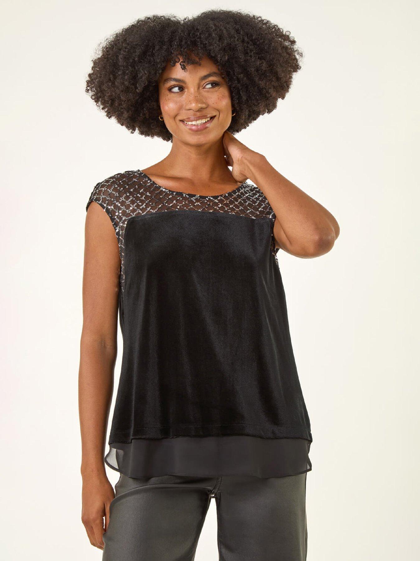Roman Velvet Sequin Mesh Top - Black