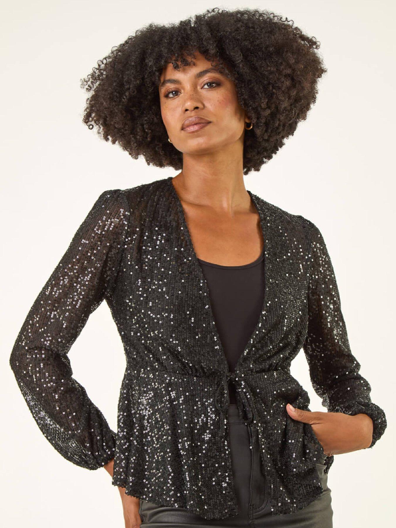 Roman Sequin Tie Front Stretch Top - Black