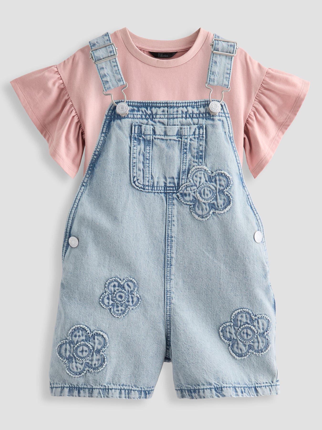 The Very Collection Girls Frill T-shirt Dungaree Set With Flowers - Mid Wash
