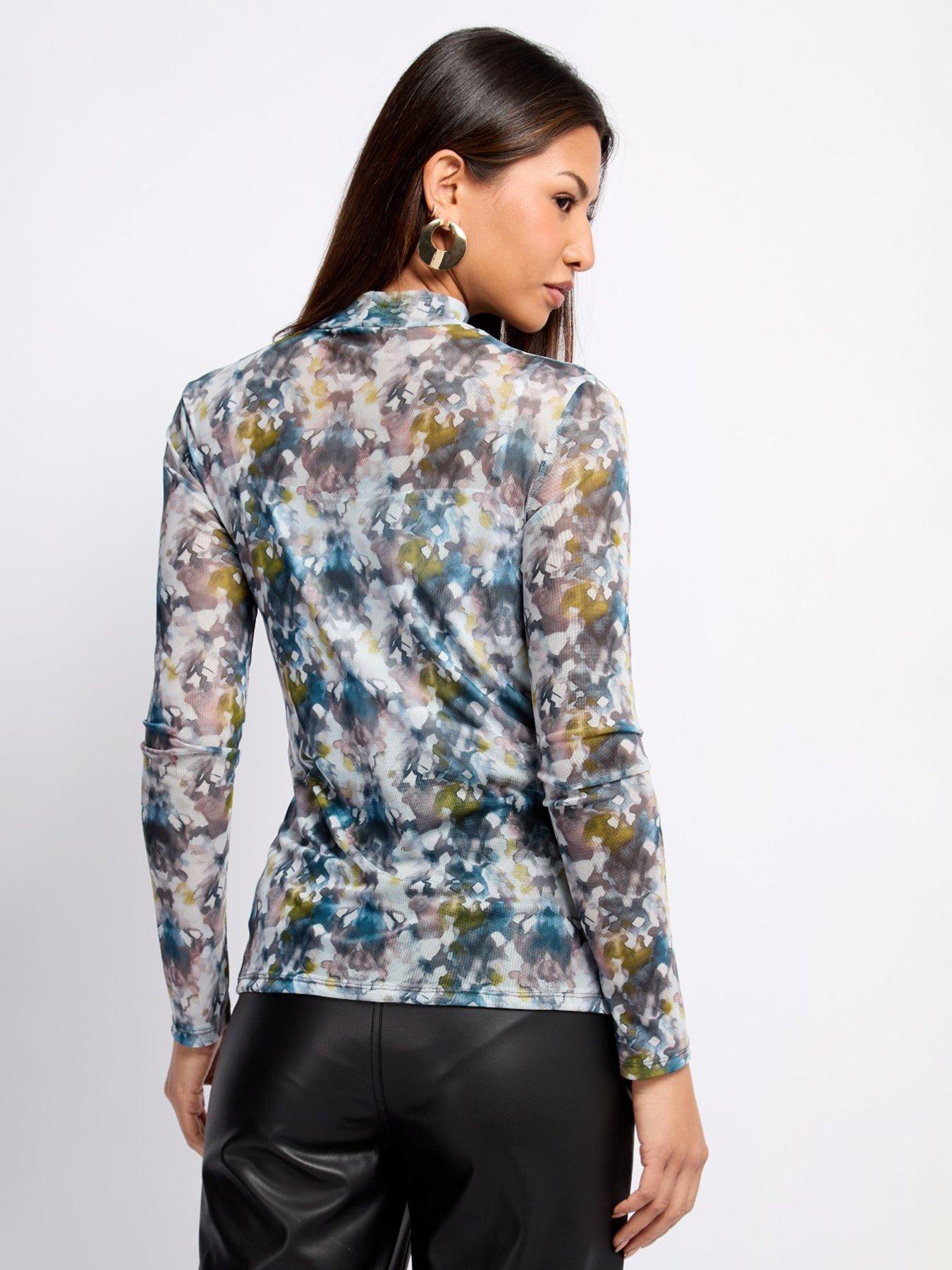 Image 2 of 4 of Little Mistress Printed Mesh Draped Top- Multi