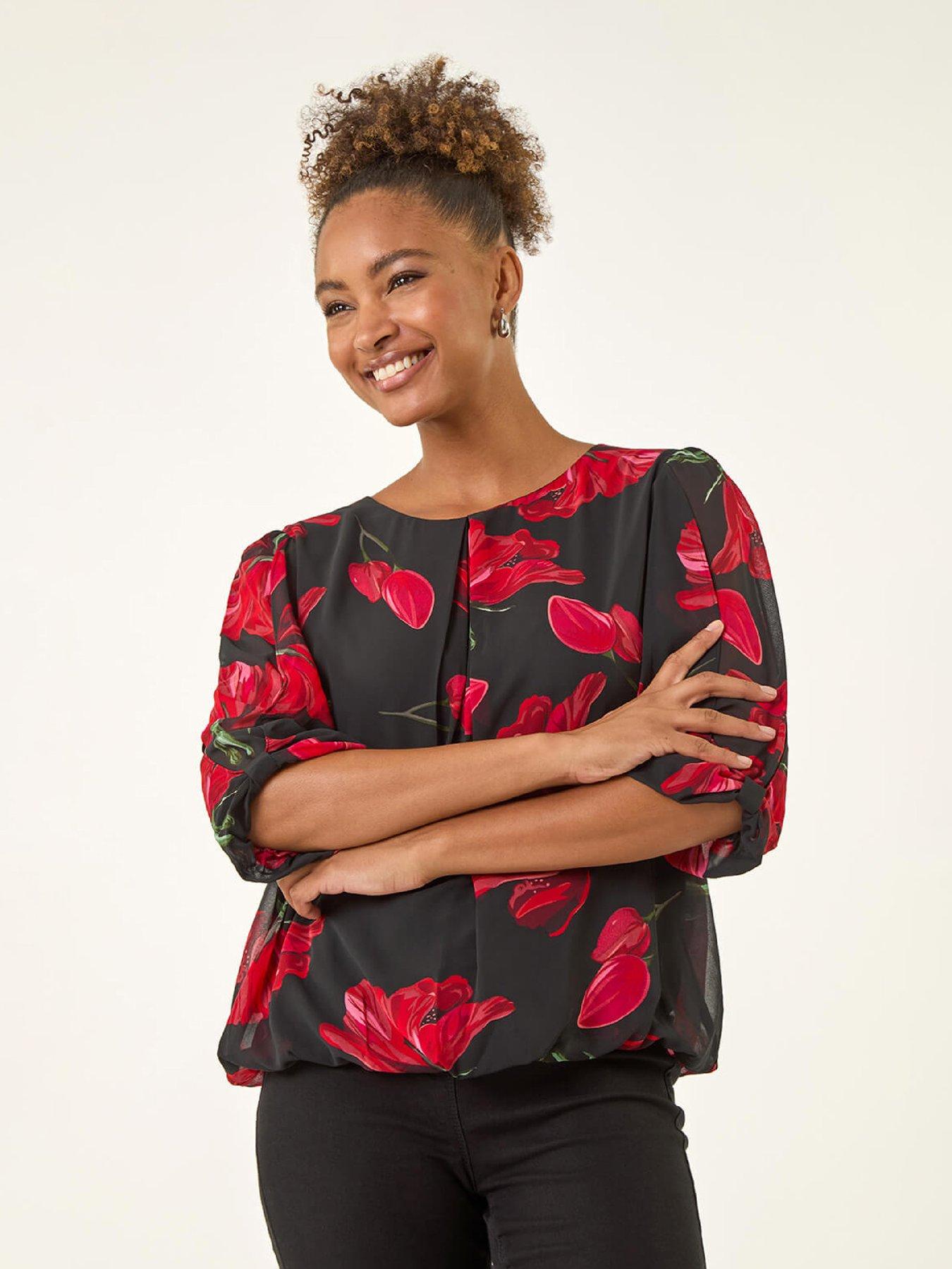 Roman Floral Shoulder Bow Pleated Top - Red