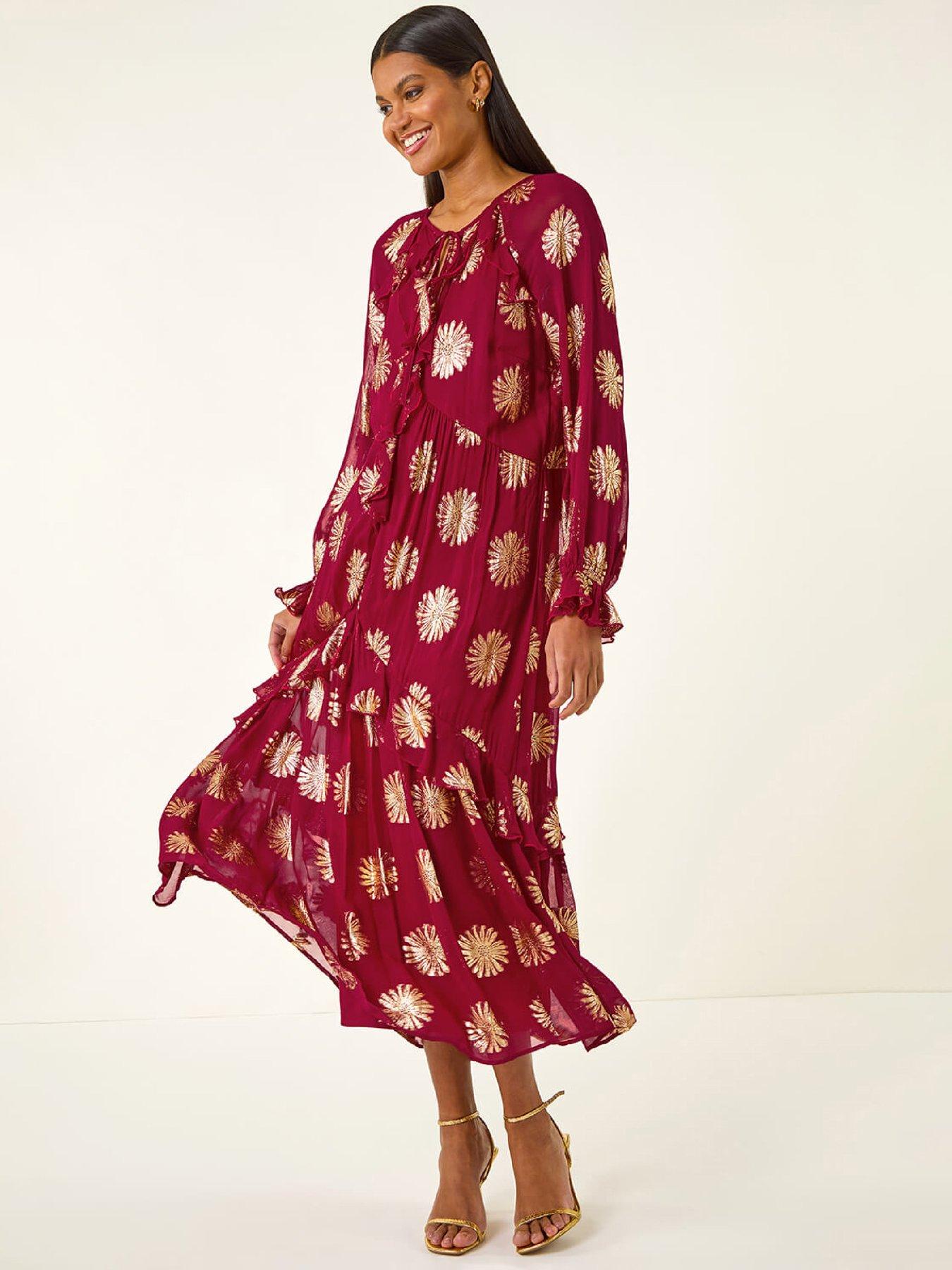 Roman Frill Brocade Midi Dress - Red