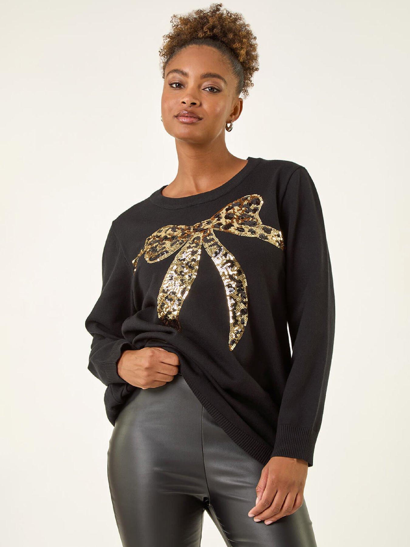  image of roman-sequin-animal-bow-knit-jumper-black