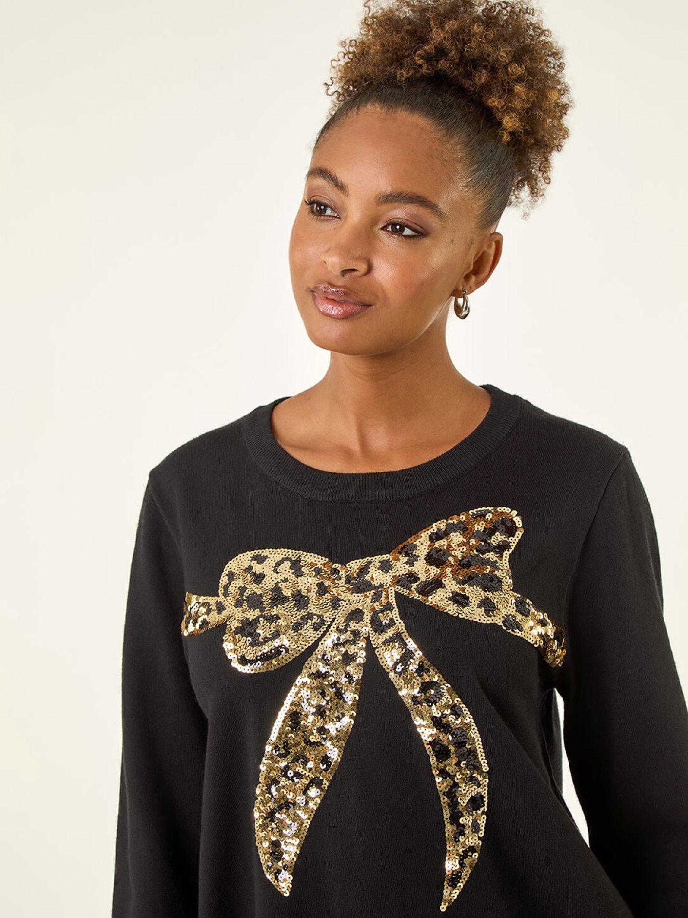  image of roman-sequin-animal-bow-knit-jumper-black