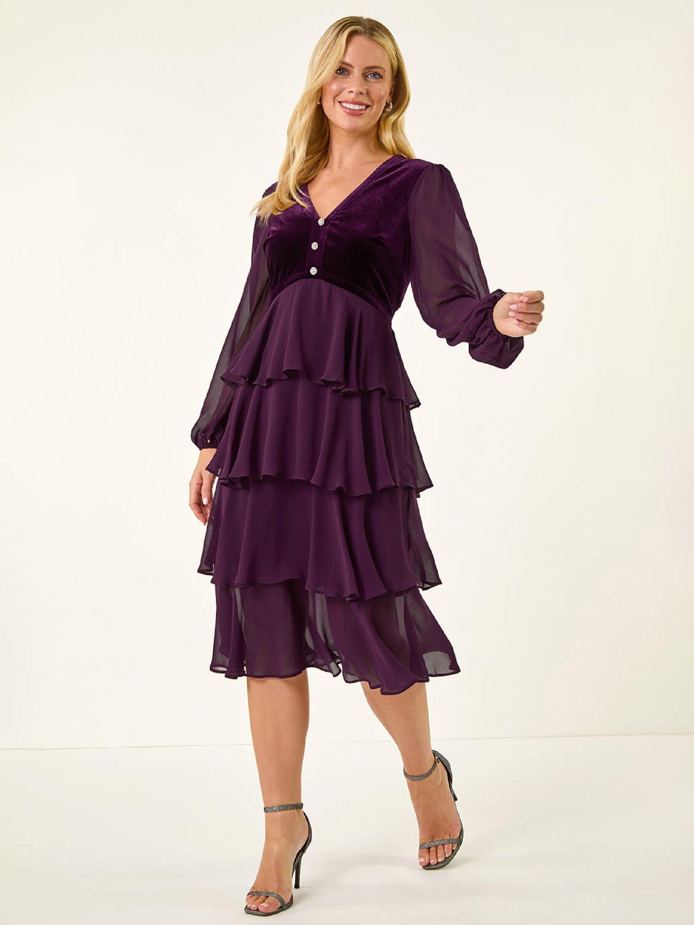 Roman Petite Velvet Tiered Midi Stretch Dress - Plum