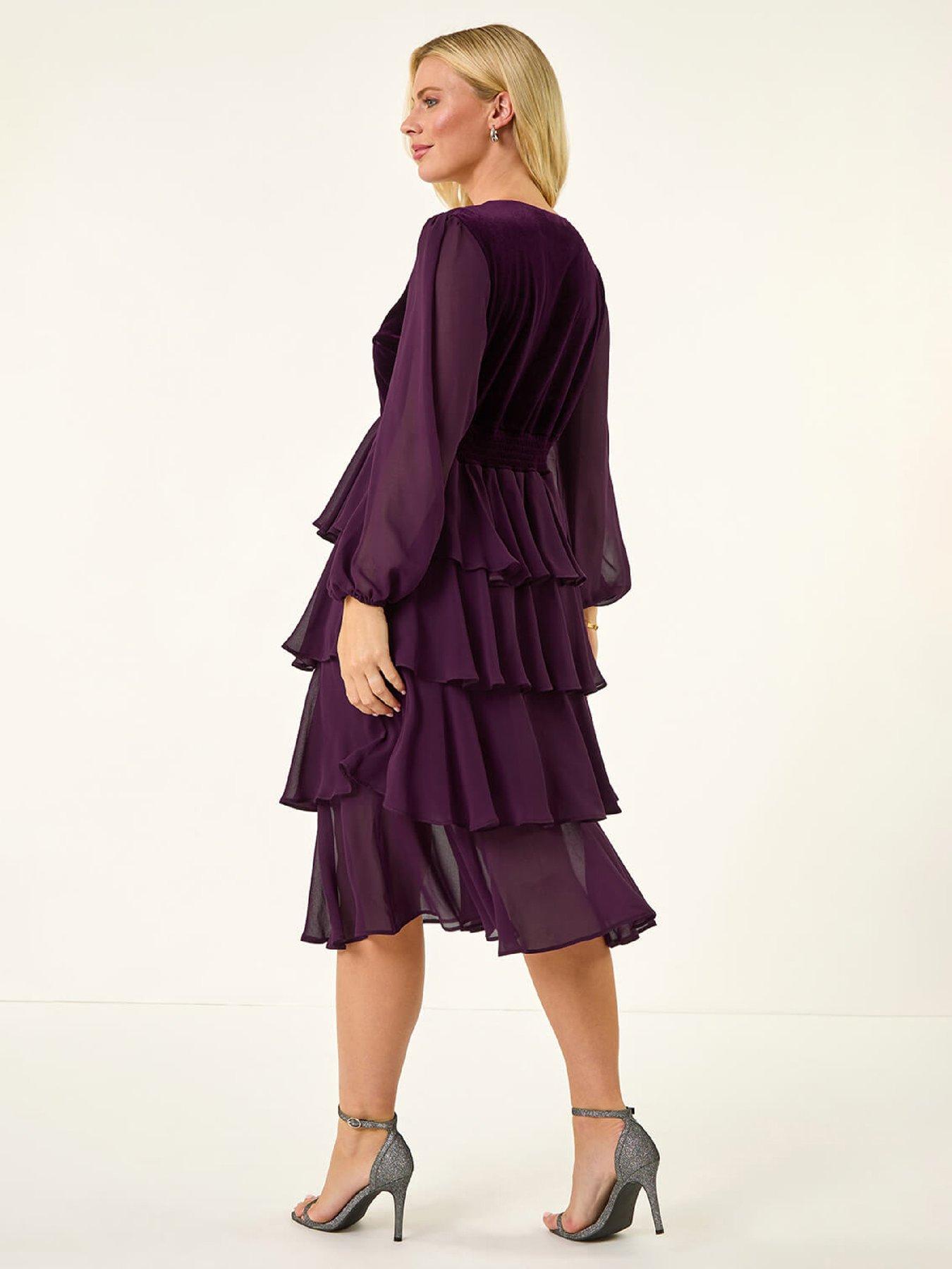  image of roman-petite-velvet-tiered-midi-stretch-dress-plum