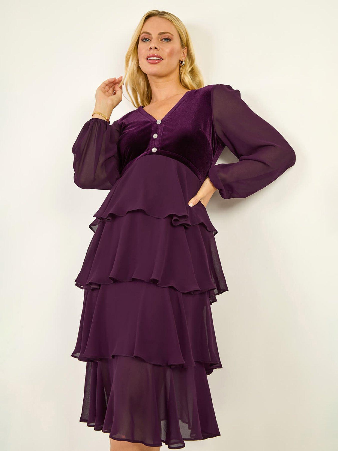  image of roman-petite-velvet-tiered-midi-stretch-dress-plum