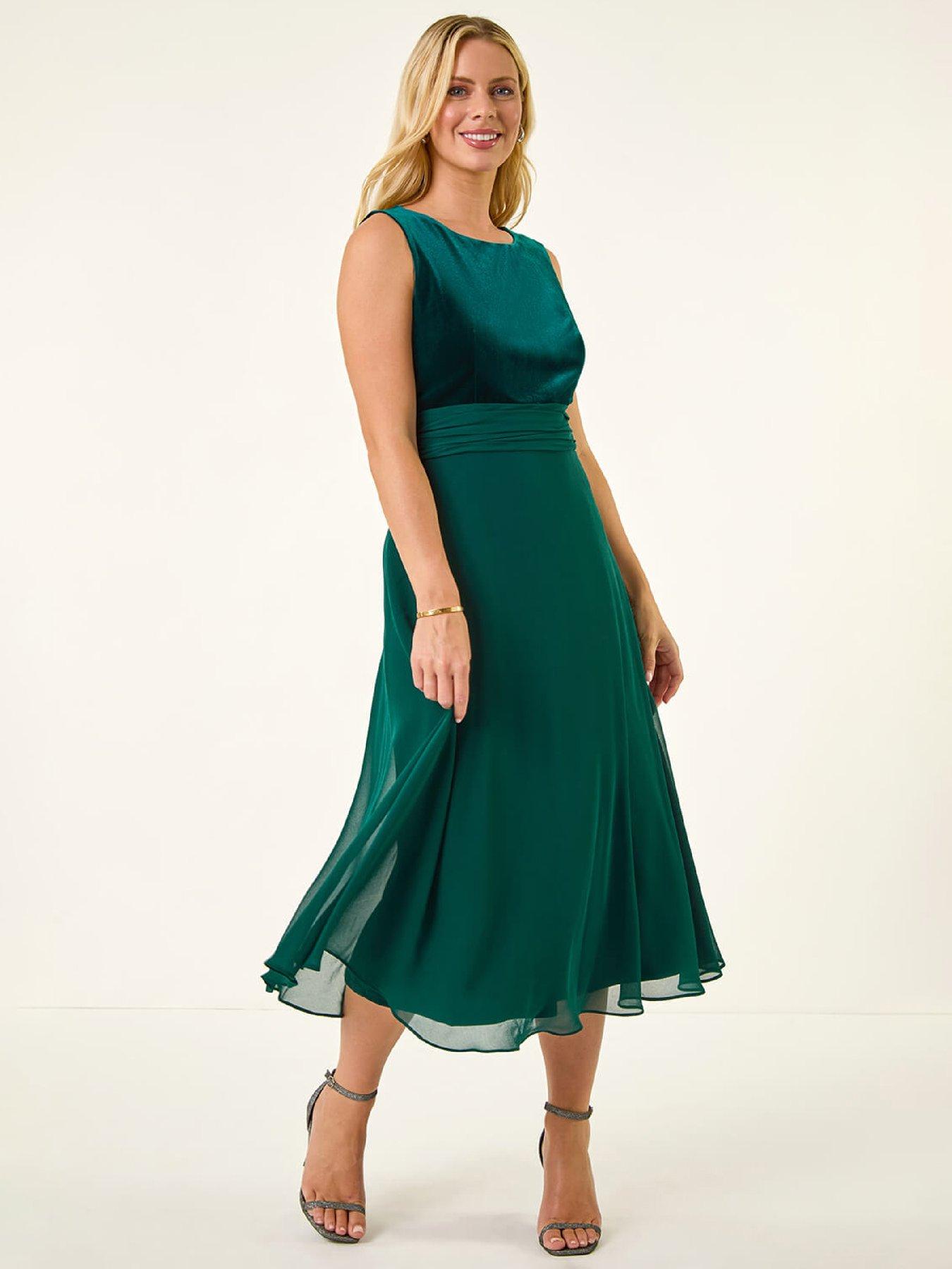 Roman Petite Velvet Bodice Midi Dress - Forest