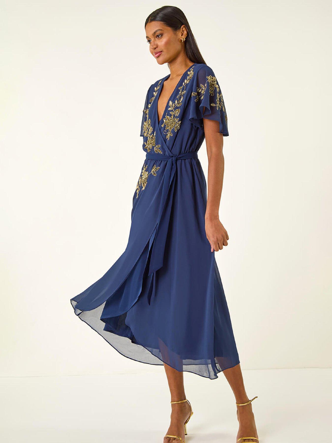 Roman Premium Beaded Wrap Midi Dress - Midnight Blue