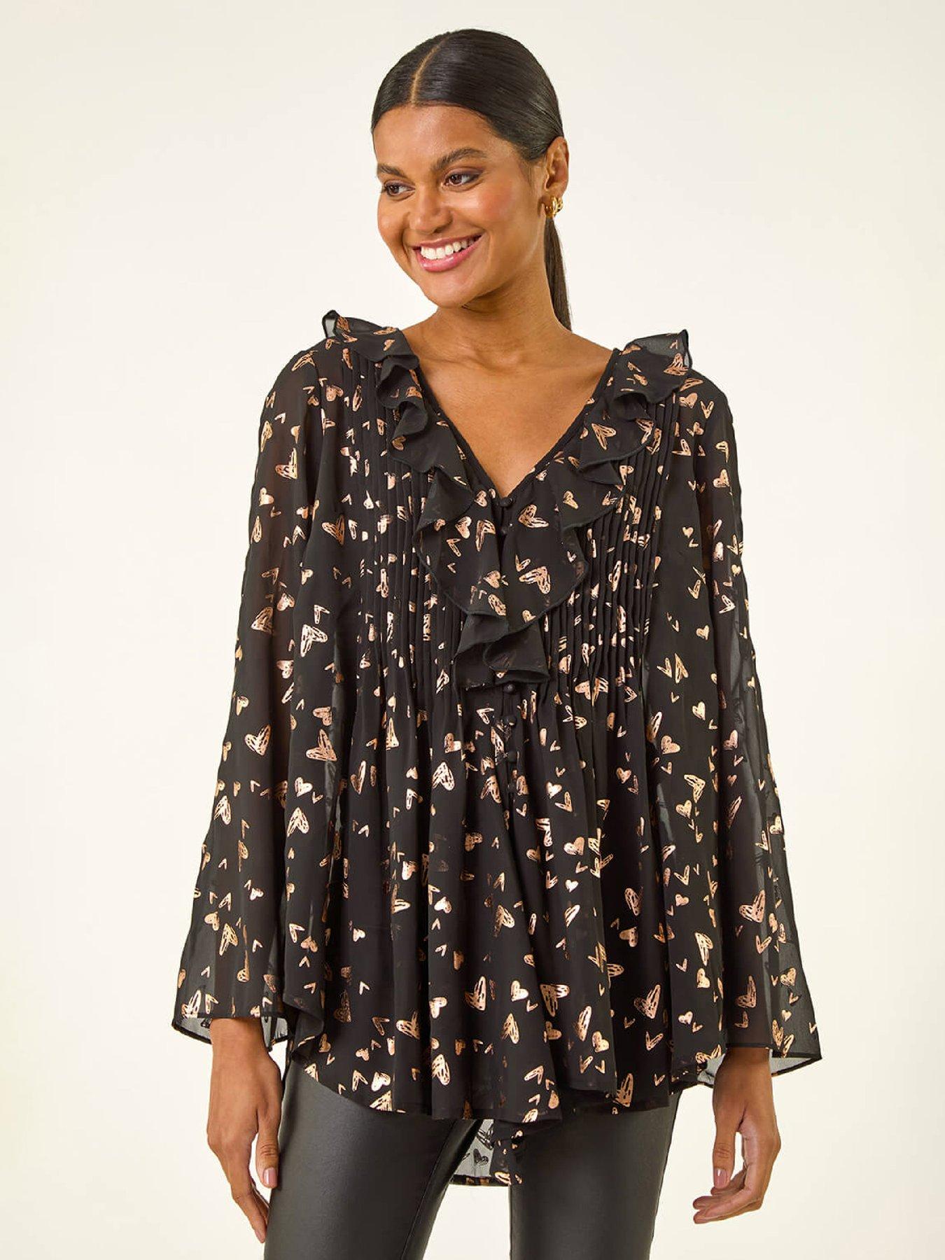  image of roman-foil-heart-print-frill-front-blouse-rose