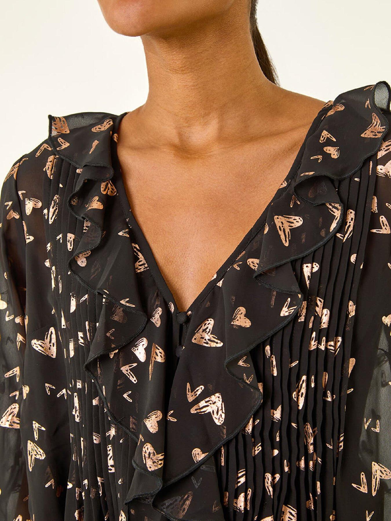  image of roman-foil-heart-print-frill-front-blouse-rose