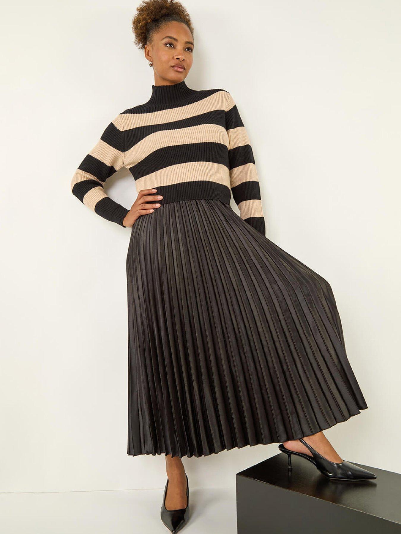 front image of roman-stripe-knit-bodice-pleated-skirt-dress-black