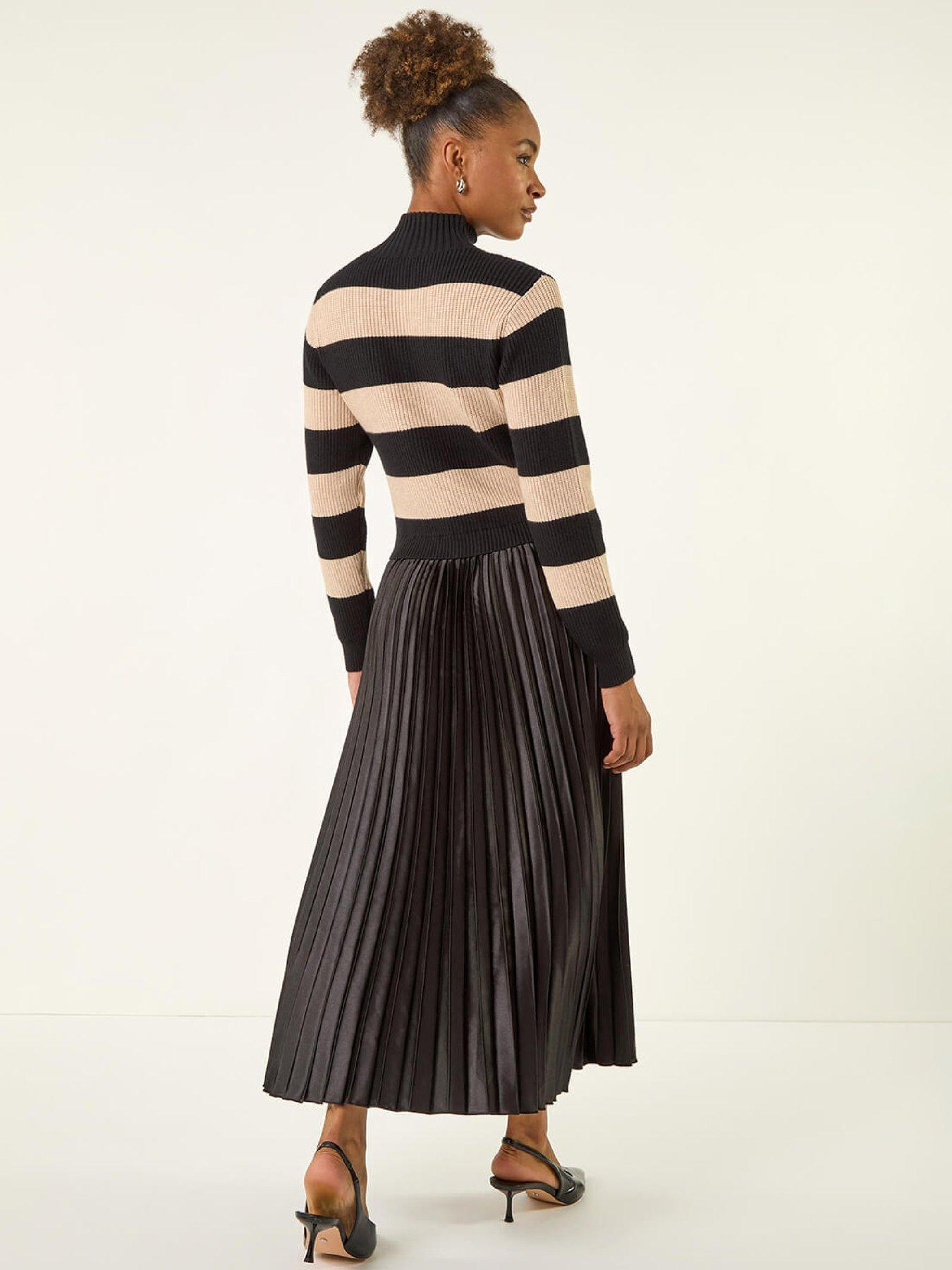 stillFront image of roman-stripe-knit-bodice-pleated-skirt-dress-black
