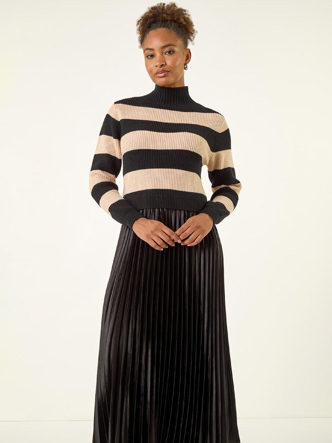  image of roman-stripe-knit-bodice-pleated-skirt-dress-black