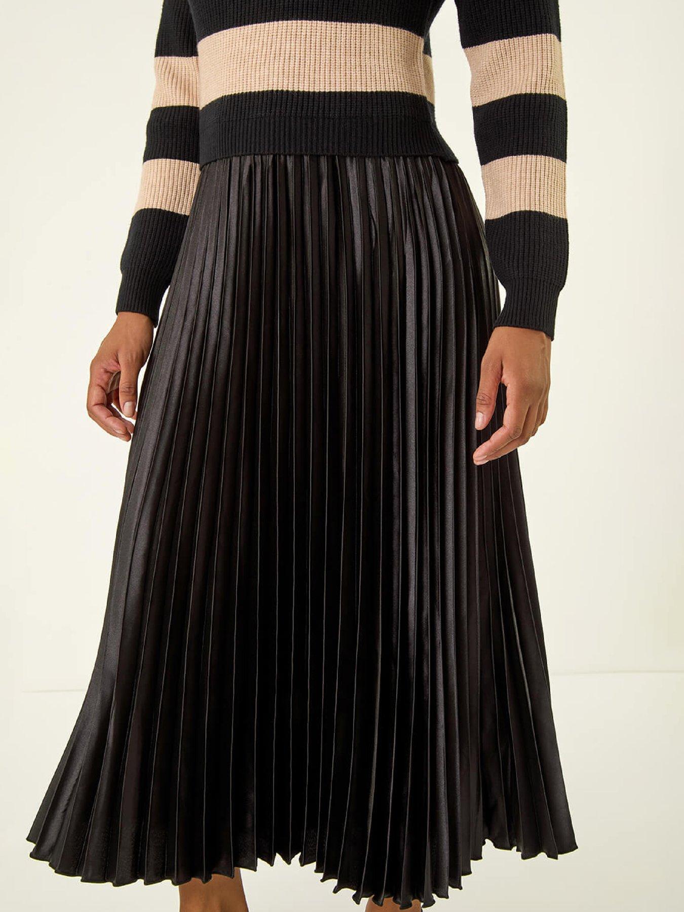  image of roman-stripe-knit-bodice-pleated-skirt-dress-black