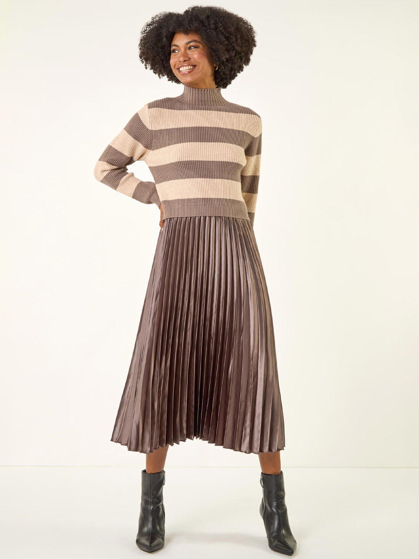 front image of roman-stripe-knit-bodice-pleated-skirt-dress-tan